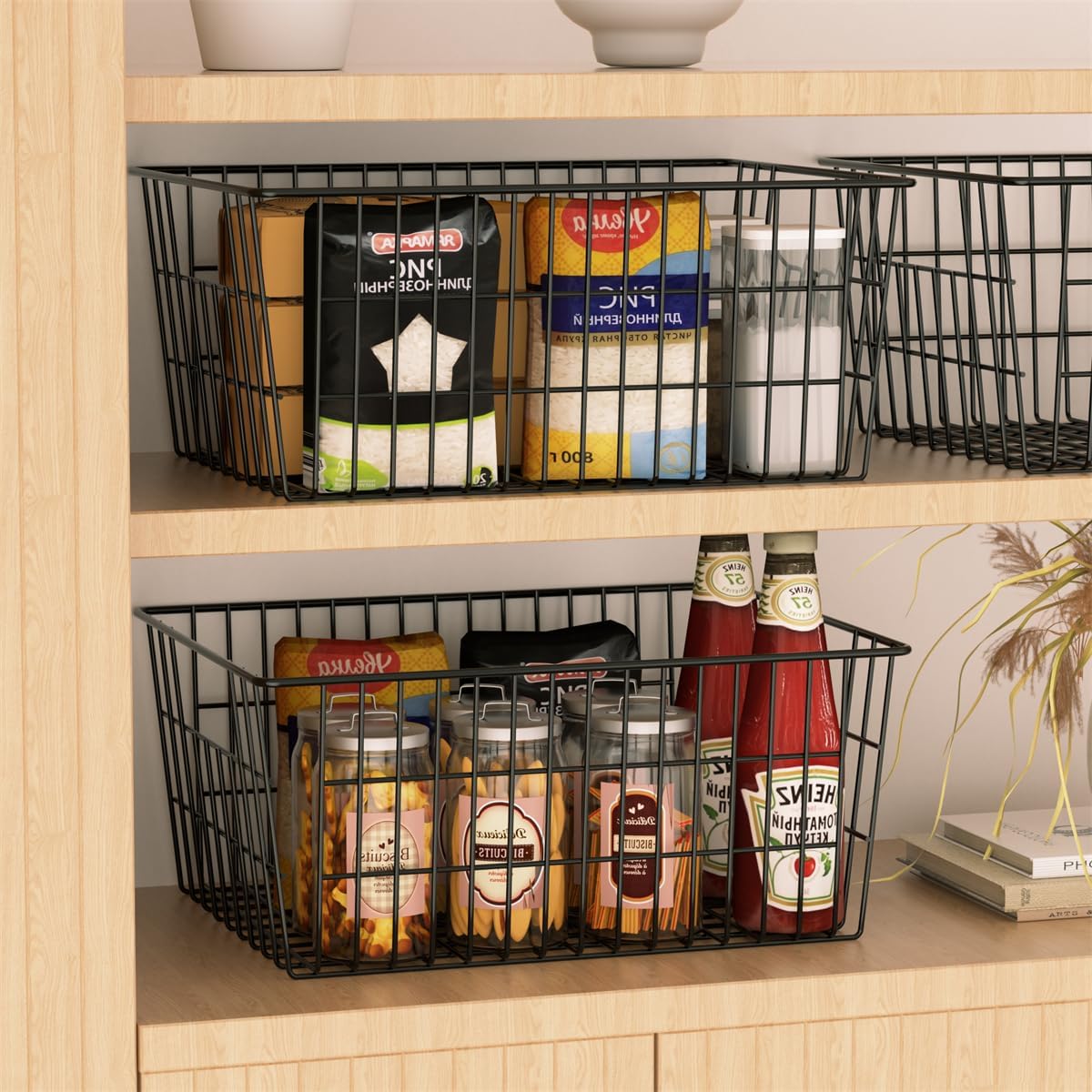 SANNO Large Freezer Baskets Metal Storage Organizer Bin Basket Wire Storage Basket for Kitchen Pantry Bathroom Large Metal Farmhouse Food Fruit Produce Organizer Bins,black,3