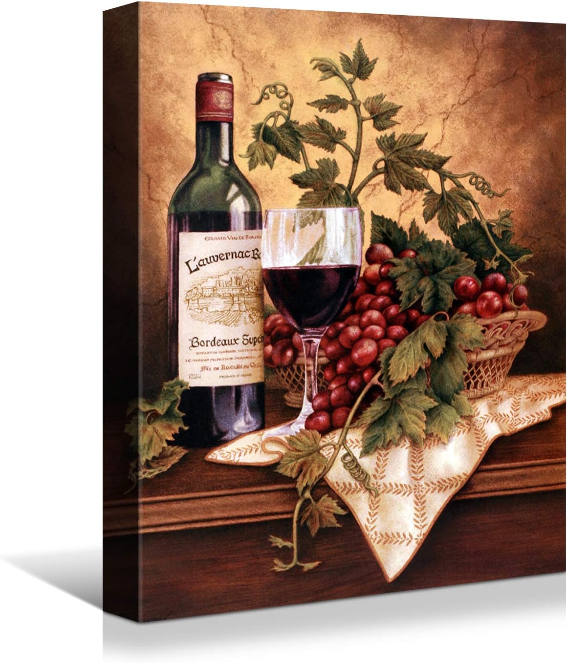 Looife Vintage Wine Bottle & Grapes Canvas Wall Art - Kitchen, Dining Room, Bar Decor - 16x24 inch, Ready to Hang Modern Art Deco