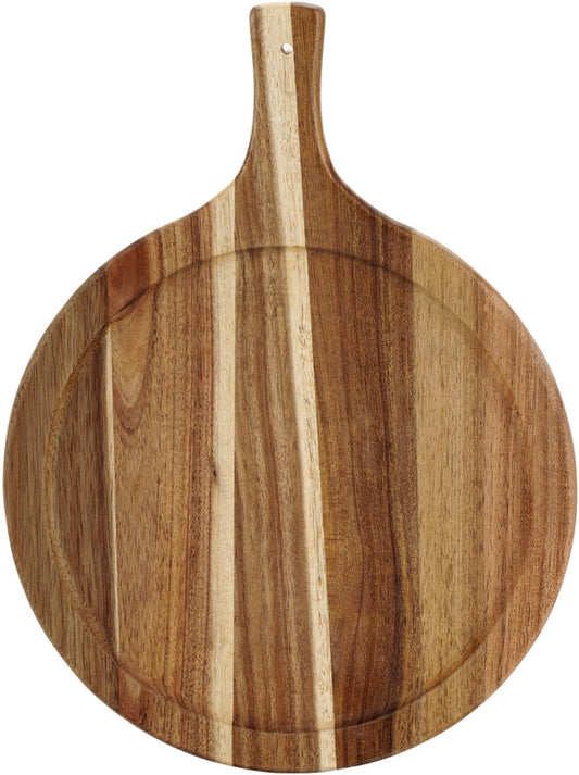 Acacia Wood Round Cutting Board with Handle, Pizza Cutting Boards for Kitchen, Small Wooden Chopping Board, Charcuterie Serving Boards for Cheese, Meat, Vegetables, Bread, 15.7" x 11.8"