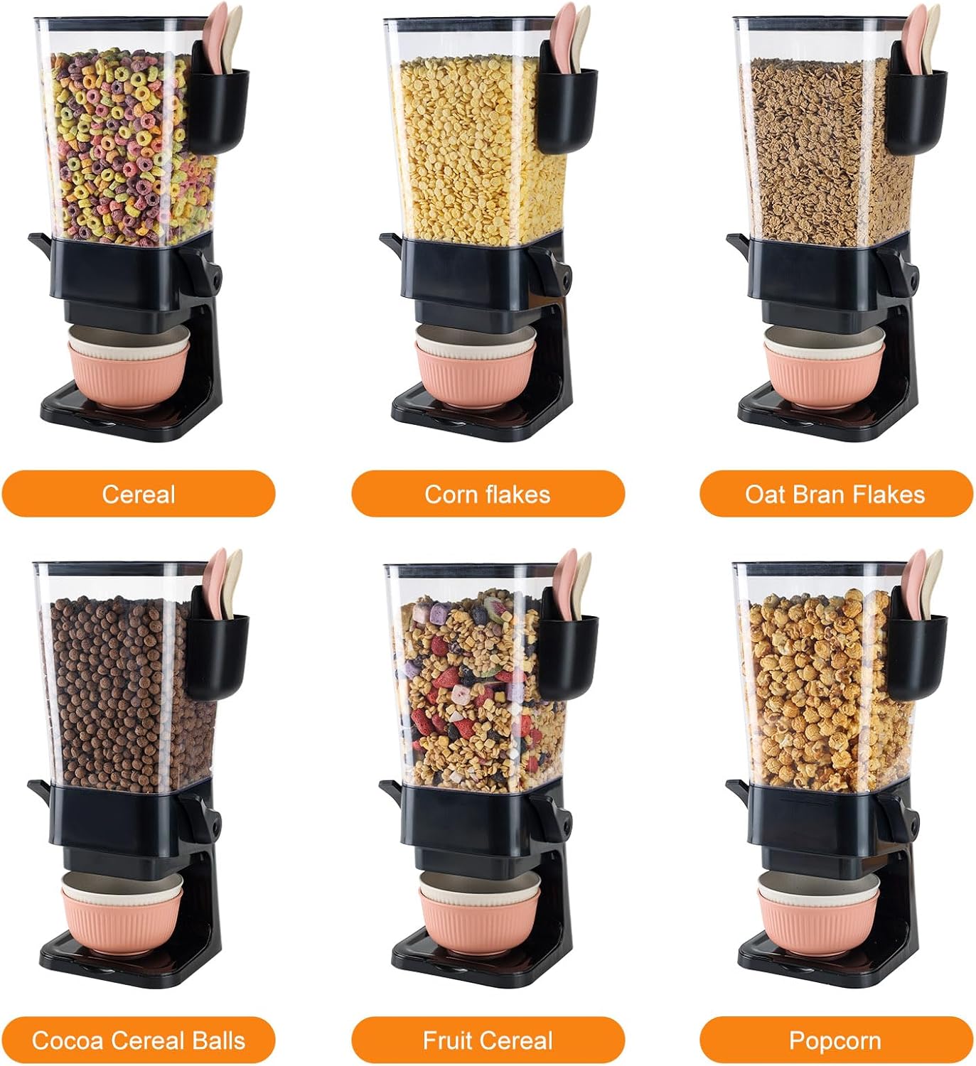 Cereal Dispenser Countertop Black 2 Pack with Bowls Spoons Cutlery Box,5.5 QT Dry Food Dispenser Snack Organizer Containers Storage for Pantry Kitchen Organization Oatmeal Nut Granola Candy