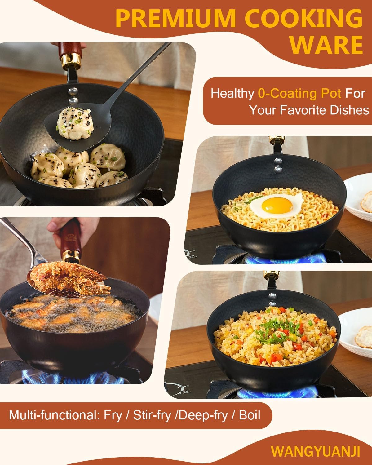 WANGYUANJI Iron Wok,Non-Coated Flat Bottom Small Wok,8.6-Inch Wrought Iron Wok with Lid and Spatula,Stir-Fry Pans Pure Iron Cookware Compatible with Induction, Gas, and Electric Ceramic Cooktops