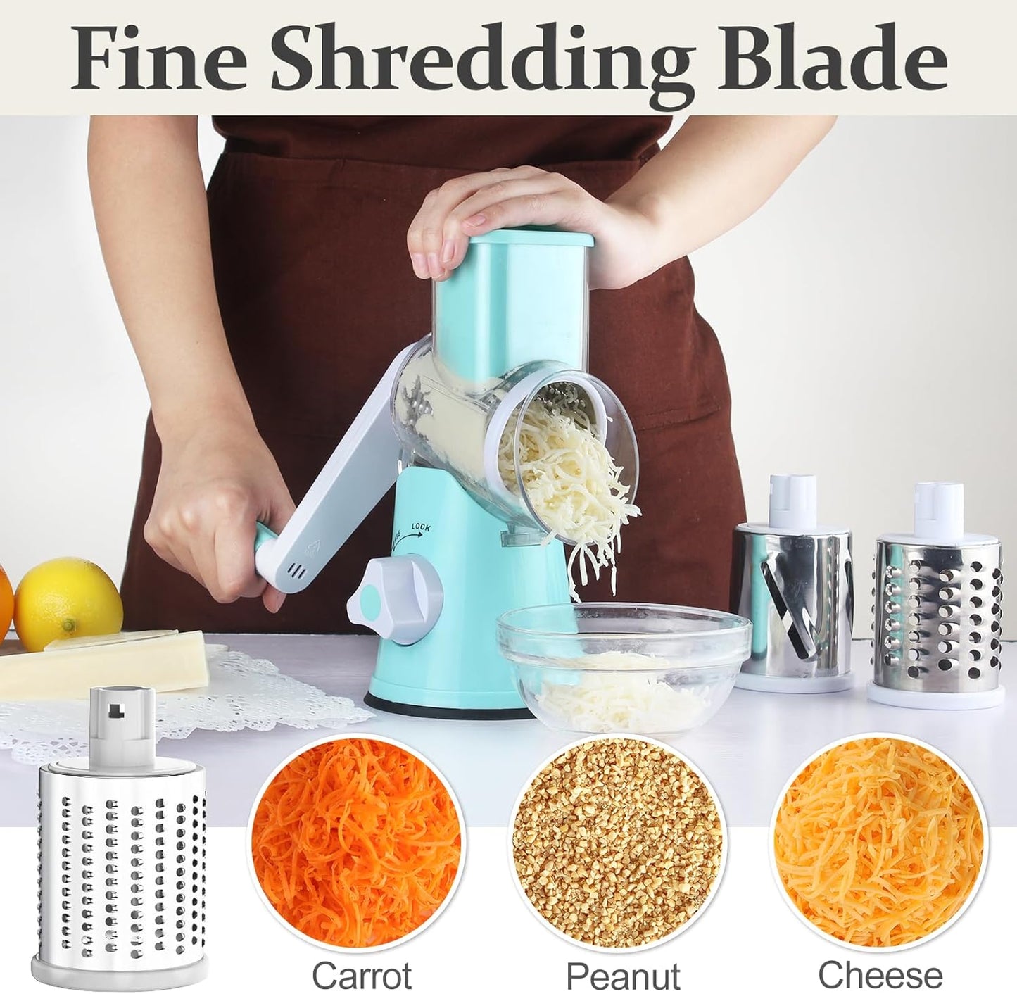 Cambom Rotary Cheese Grater Hand Crank Cheese Shredder for Fresh Cheese, Vegetable, Nuts,Non-slip Suction Base, Five Blades, Blue