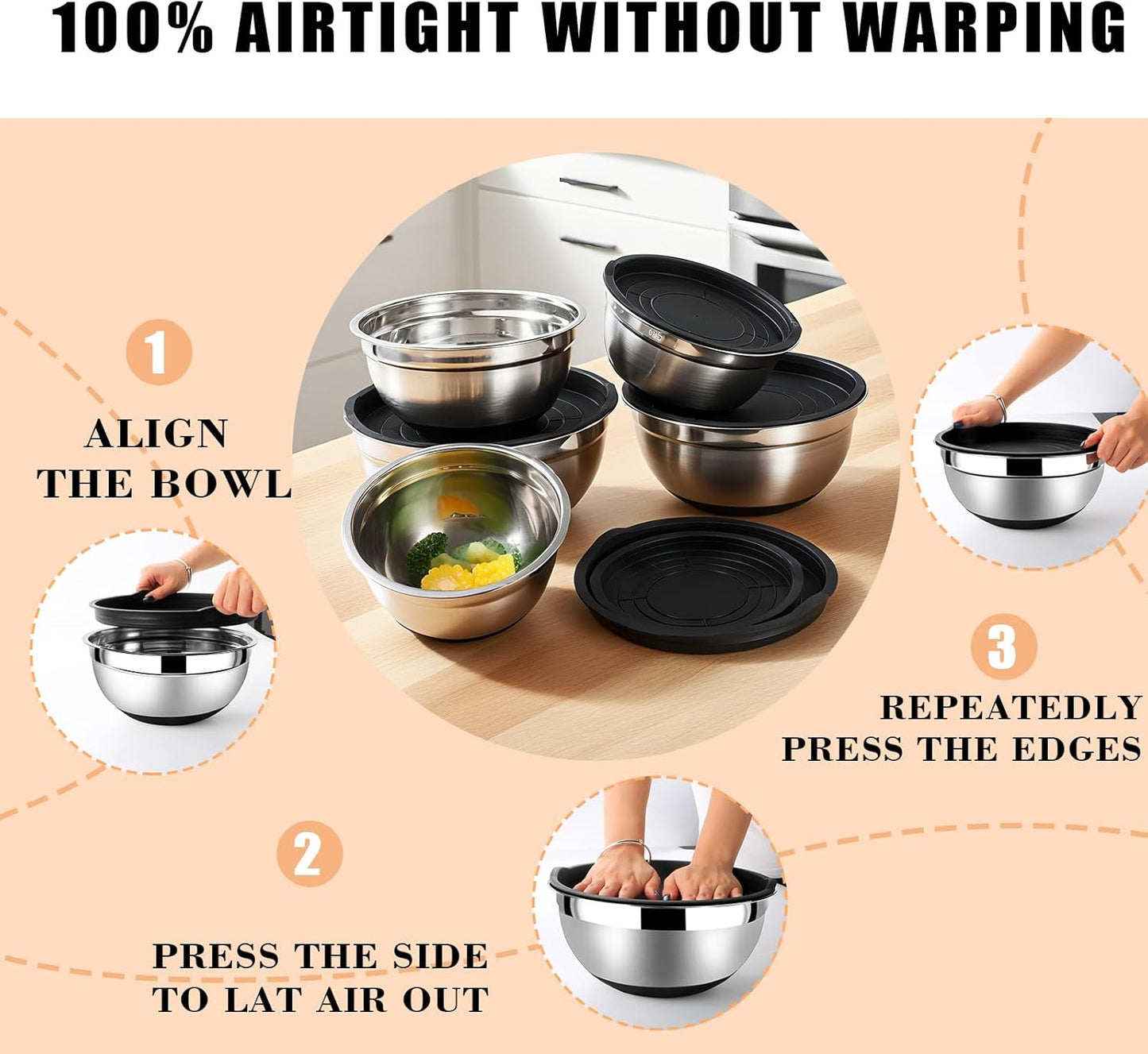 Lazycorner Mixing Bowls with Airtight Lids Set 5 Pcs Stainless Steel Bowls Set Baking Set Non-Slip Silicone Bottoms Great for Serving & Baking