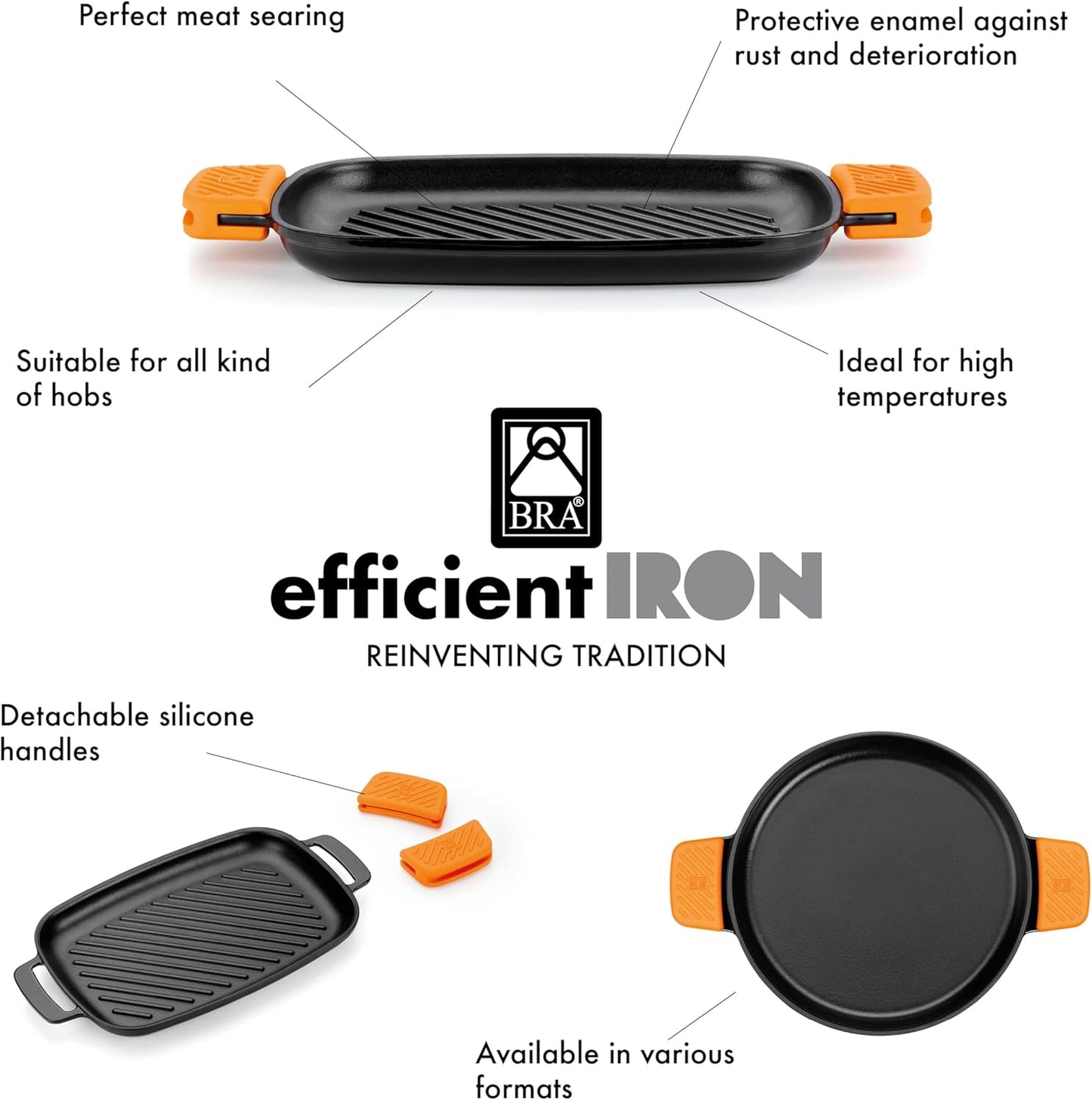 BRA COOKWARE Efficient Iron Round Ribbed Grill | 12.6 inches Cast Iron Round Griddle | All Heat Sources Compatible | PFOA Free | Without Non-Stick | Silicon Handle | Non Deformable