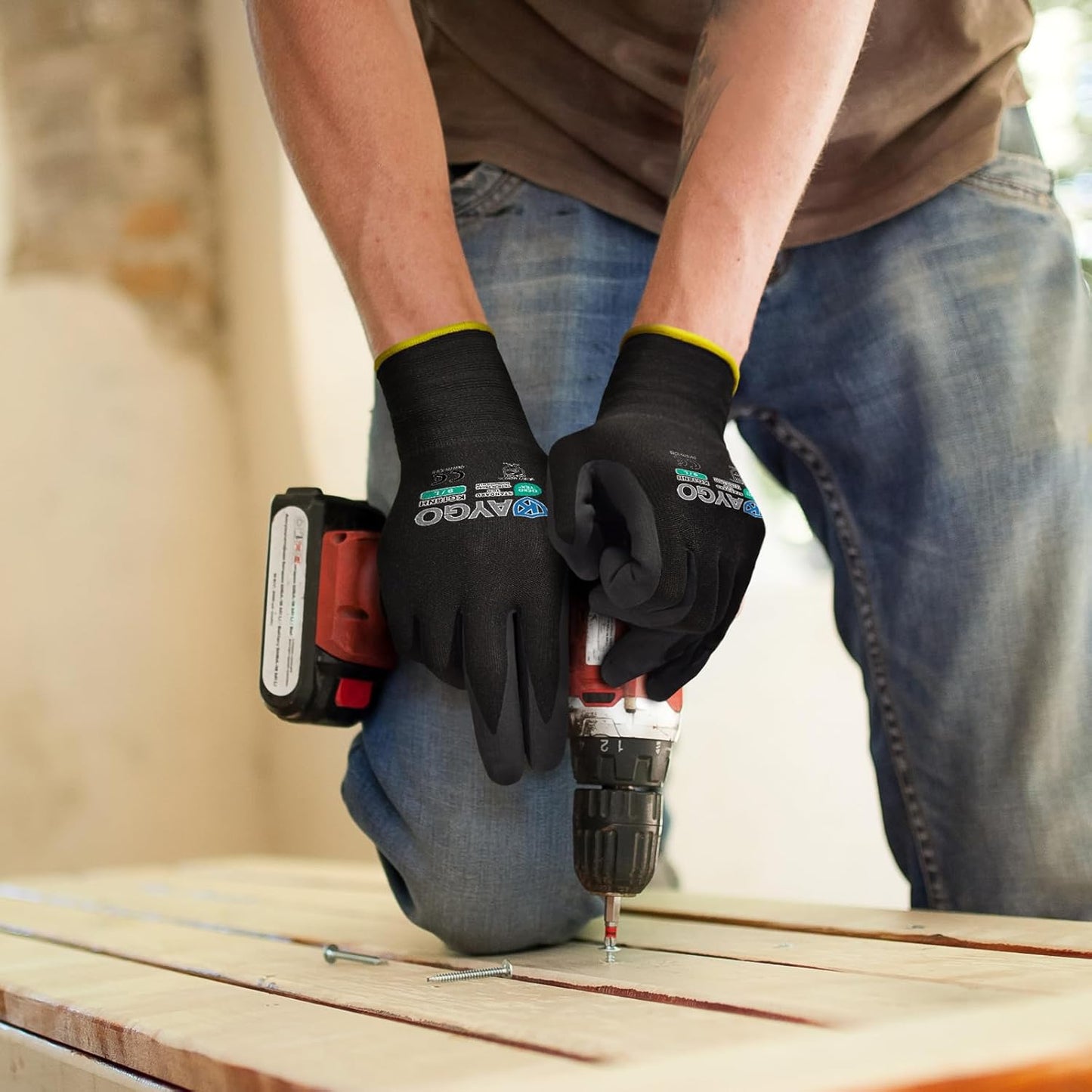 KAYGO Safety Work Gloves MicroFoam Nitrile Coated, 12 Pairs KG18NB,Seamless Knit Nylon Glove with full fingers Touchscreen, Ideal for Automotive,Warehouse,Construction (2XL, Black)