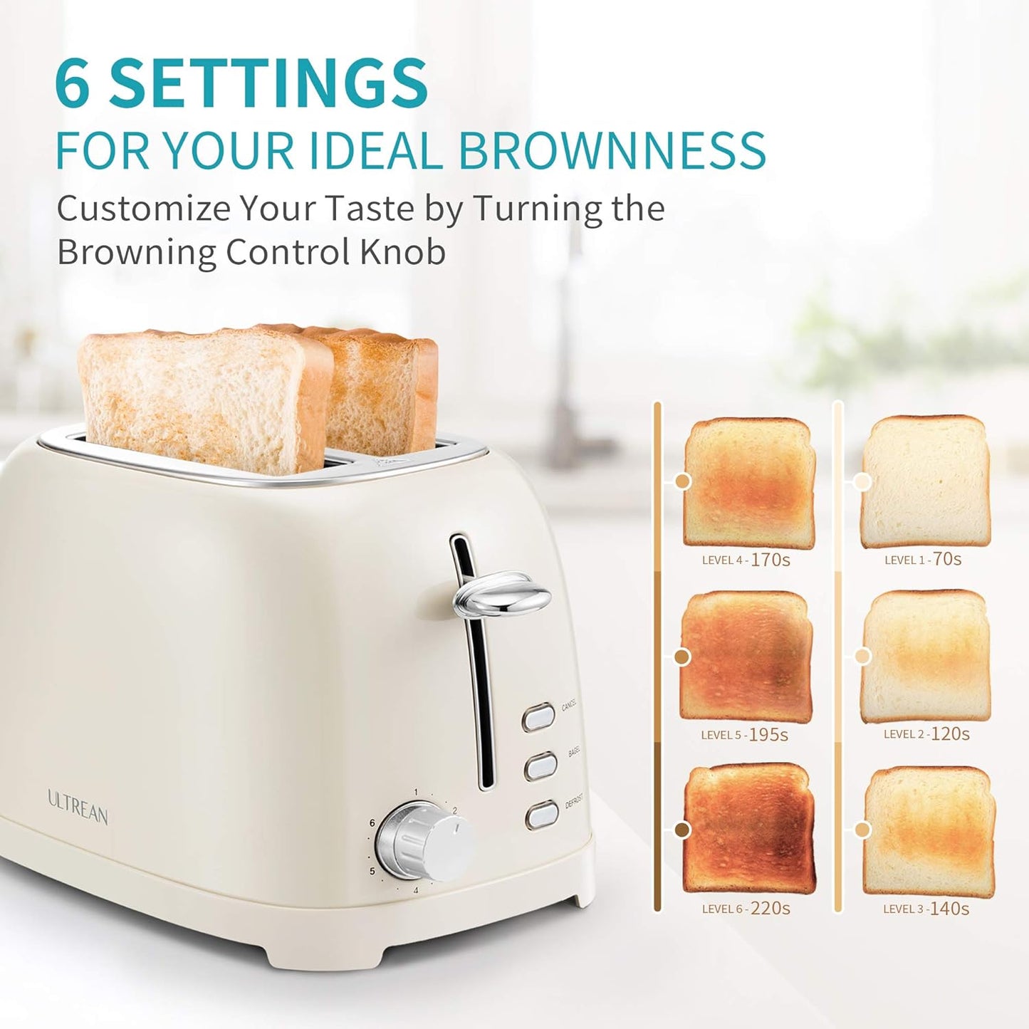 Ultrean Toaster 2 Slice with Extra-Wide Slot for Toasting Bagels, Breads, Waffles & More, Stainless Steel Material with Removable Crumb Tray, 6 Browning Settings