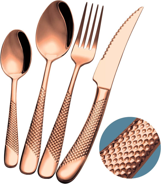 16-Piece Modern Copper Hammered Silverware Set with Ultra Sharp 2-IN-1 Serrated Knife, Rose Gold 18/10 Stainless Steel Flatware Set, Utensil Cutlery Set for 4 Person, Forks Spoons Knives Set