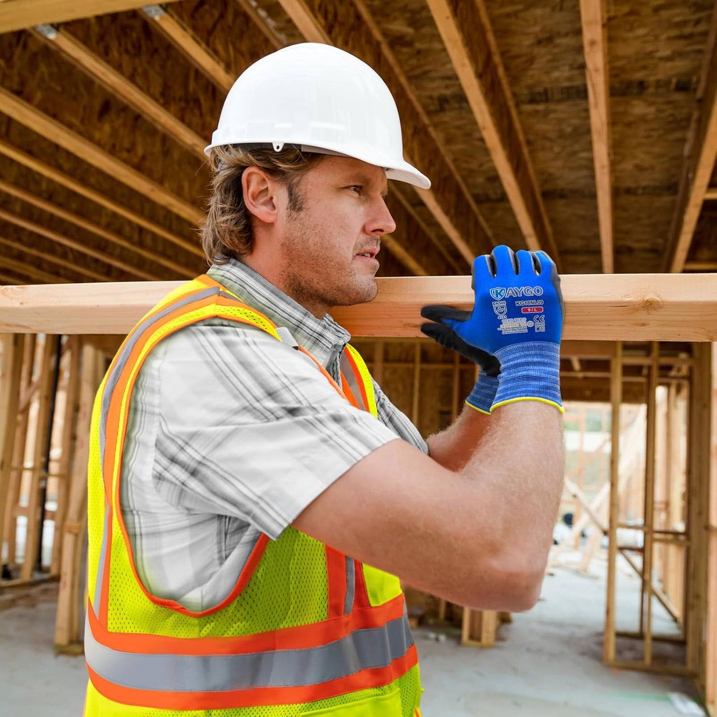 KAYGO Safety Work Gloves MicroFoam Nitrile Coated, 3 Pairs, KG18NB,Seamless Knit Nylon Glove with Black Micro-Foam Nitrile Grip,Ideal for General Purpose,Automotive,Home Improvement,Blue,M