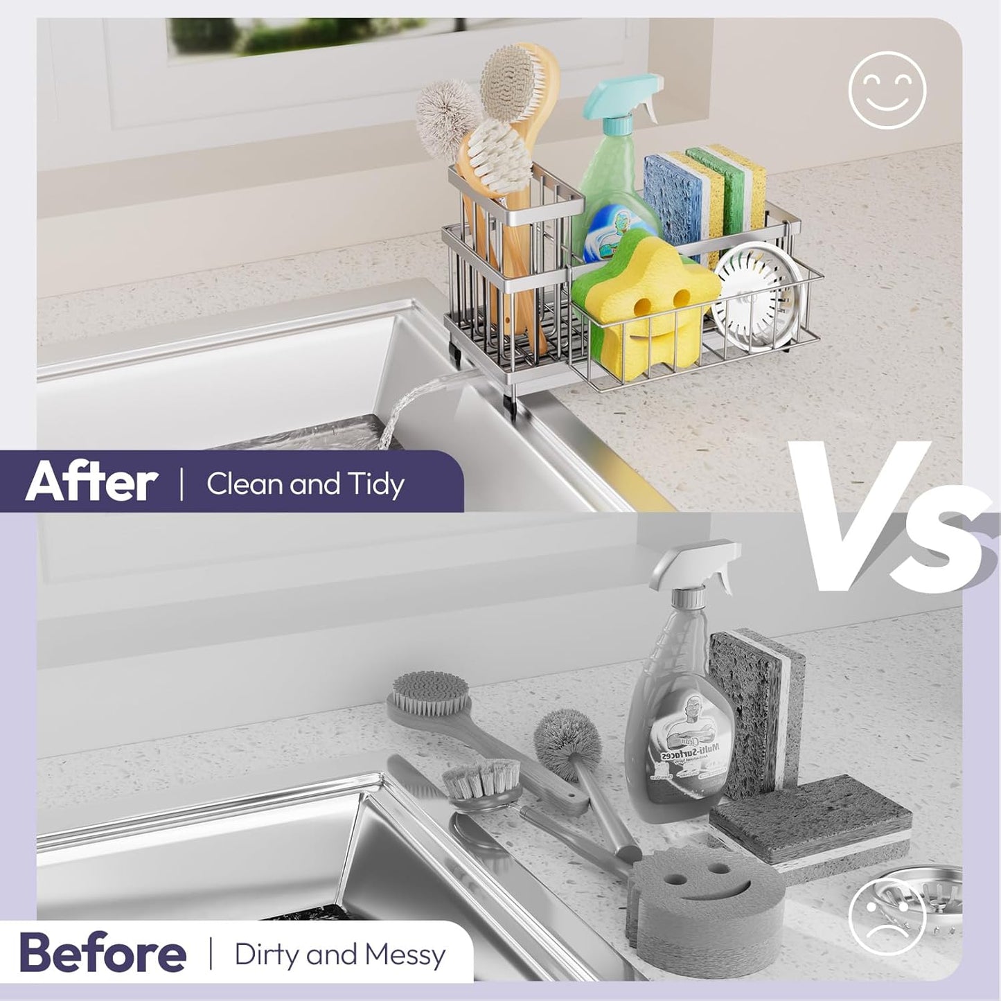 SWTYMIKI Sink Caddy Sponge Holder - Large Sponge Holder for Kitchen Sink with 360°Auto-Drain Tray, Rustproof Stainless Steel Kitchen Organizer Caddy for Countertop Organization