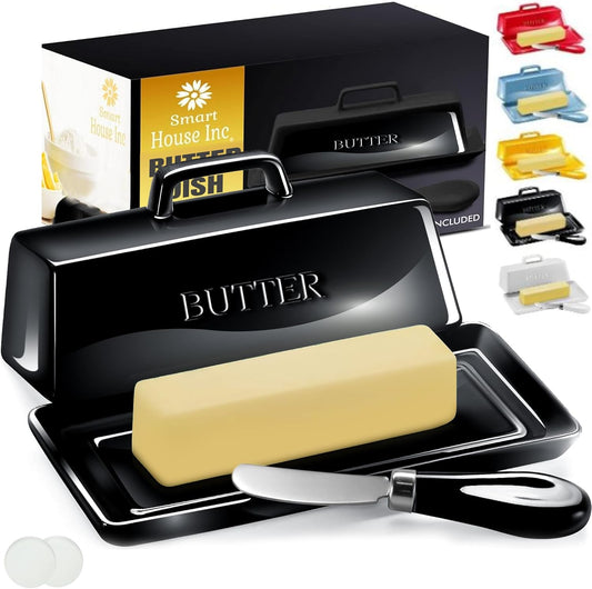Ceramic Butter Dish Set with Lid and Knife - [Black]- Decorative Butter Stick Holder with Handle for 1 Stick of Butter - Microwave Safe, Dishwasher Safe - Anti-Scratch Stickers Included.