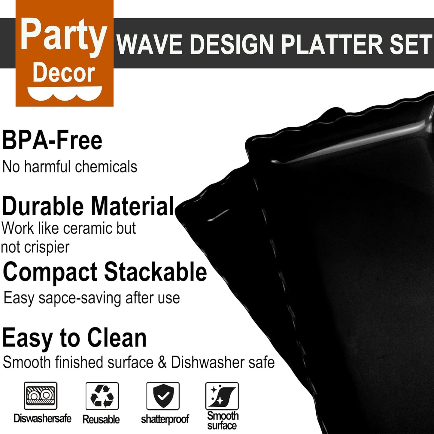 KAQAHIDO 17" x 8" x 1.5" Black Serving Tray Set, Wave Edge Melamine Platters for Cookie, Appetizer, Charcuterie, Snack, Dessert, Party Food Display, Stackable, Set of 2