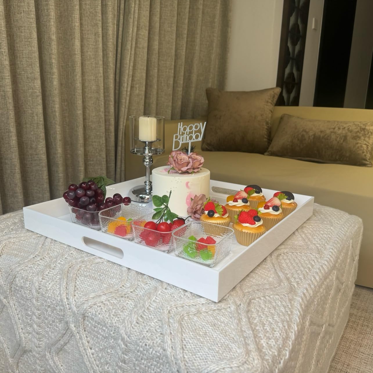 White Modern Acrylic Ottoman Tray with Cutout Handles 20x20 Inch Over-Sized Serving Tray Organizer Rubber Boot Tray Decorative for Living Room Bedroom,Bathroom and Entryway Kitchen