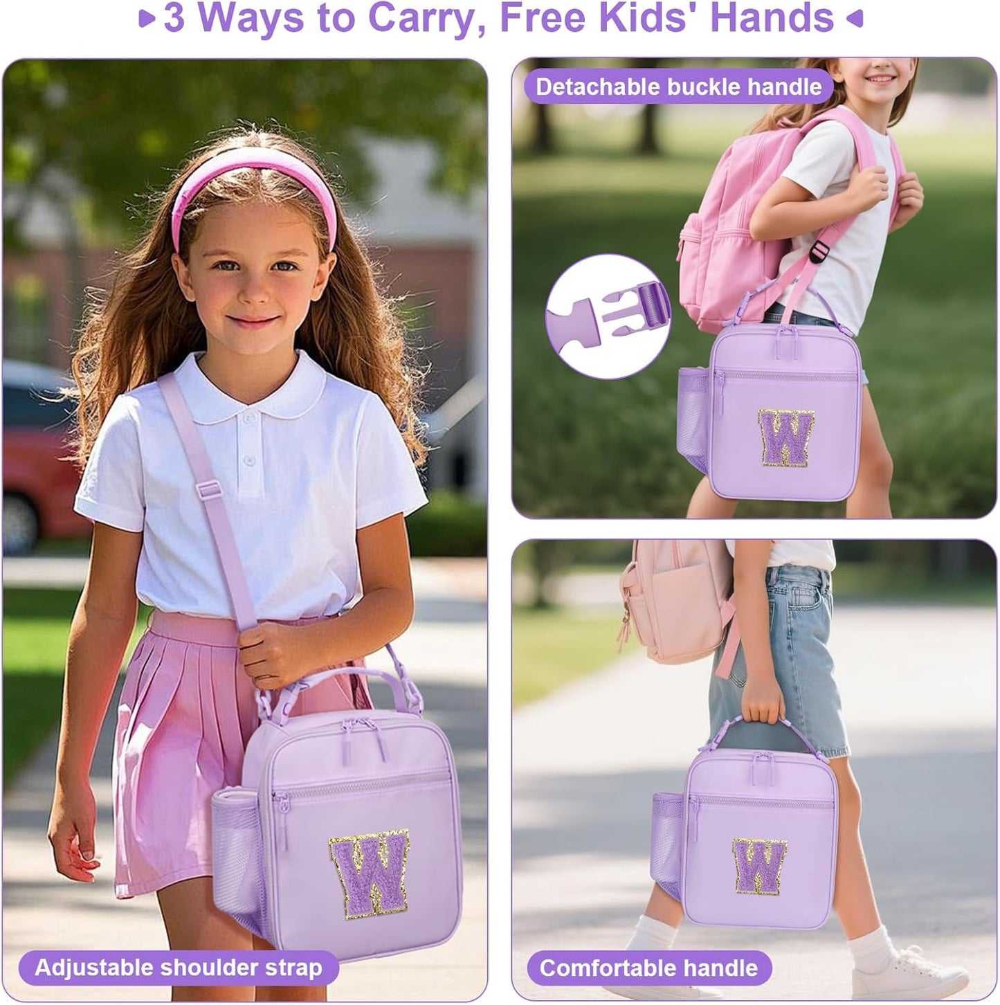Initial Insulated Lunch Bag for Girls Kids, Back to School Gift, Reusable Leak-proof Lunch Box with Adjustable Strap for School Daycare Travel Picnic (Purple,W)