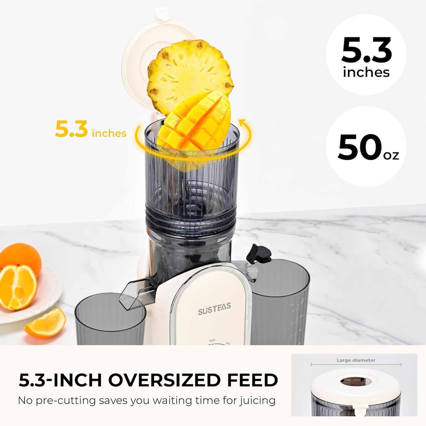 SUSTEAS Cold Press Juicer, 5.3" Feed Chute Slow Masticating Machines with 300W, Fit Whole Fruits & Vegetables, Easy to Clean, High Juice Yield, White