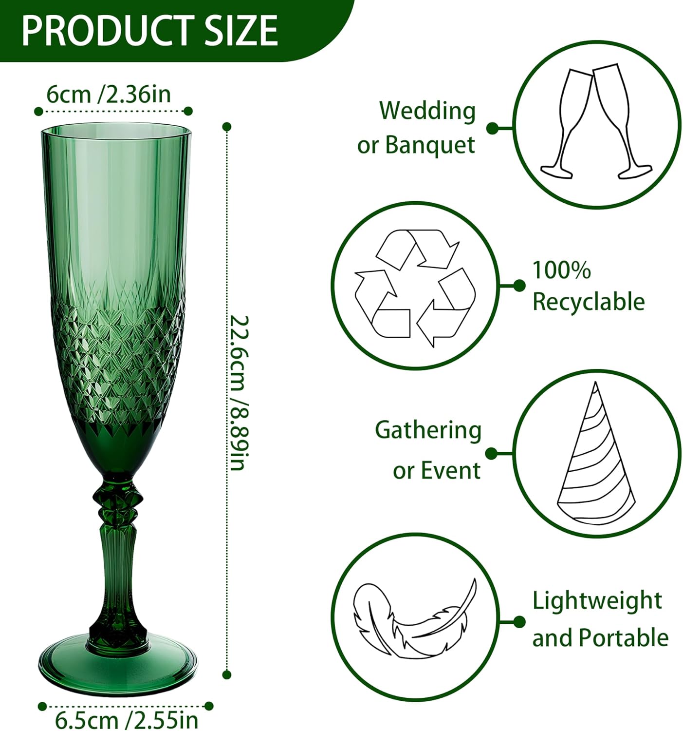 Plastic Champagne Flutes, 24PCS Dark Green Plastic Wine Glasses Goblets Reusable Champagne Flute for Weddings, Bachelor Parties, Toasting, and Events(24, Dark Green)