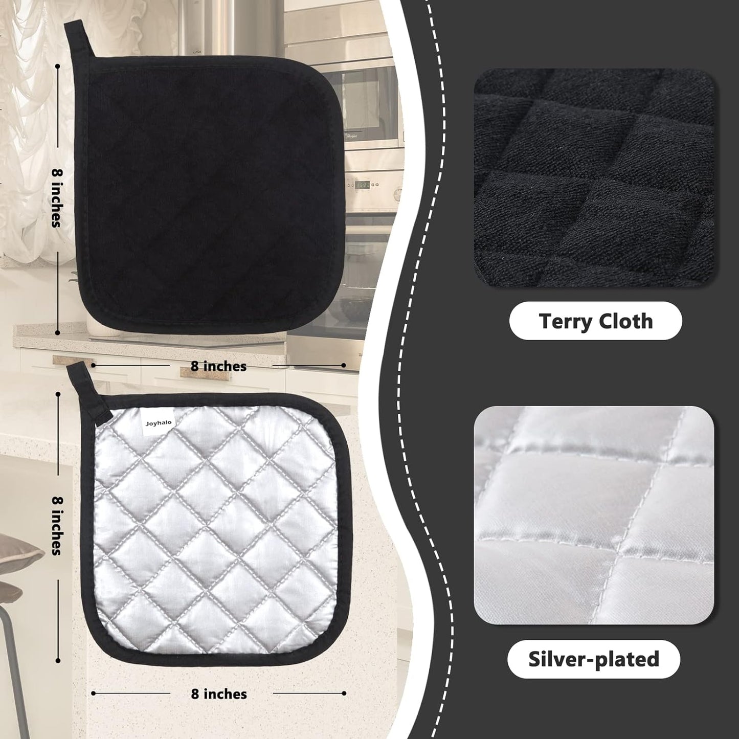 Joyhalo 6 Pack Pot Holders for Kitchen,Cotton Oven Holder with Great Heat Resistance,Non Slip Hot Pads for Kitchen Clearance,Black