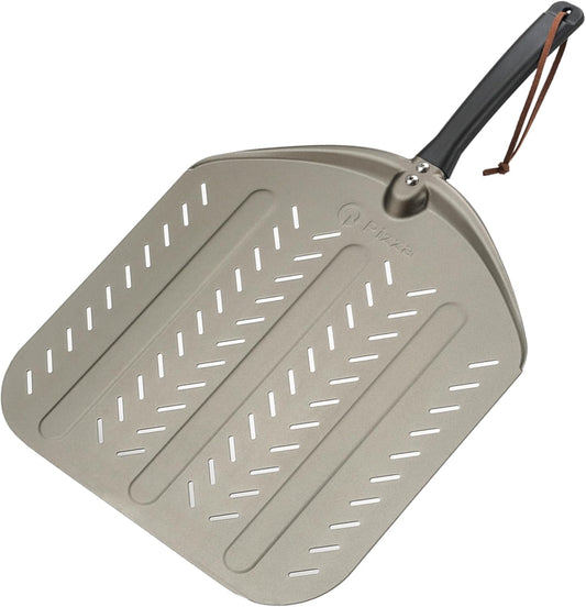 Q Pizza Perforated Pizza Peel 14", Non-stick Pizza Turning Paddle Pizza Oven Accessory, Extra Large Metal Pizza Spatula for Grill Oven Baking Bread Pastry Dough Pie Cake, Aluminium PT204