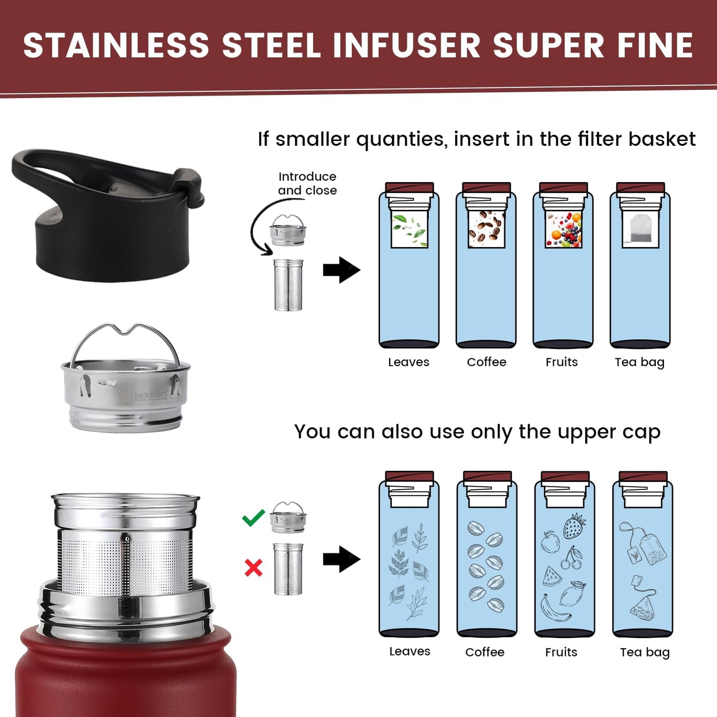 Lexlion 22 Oz Fruit Infuser Water Bottle - Triple Walled Insulated Stainless Steel, Thermal Leaf Infuser, Silicone Sleeve, 3 Leakproof Lids, Metal Mug Gallon