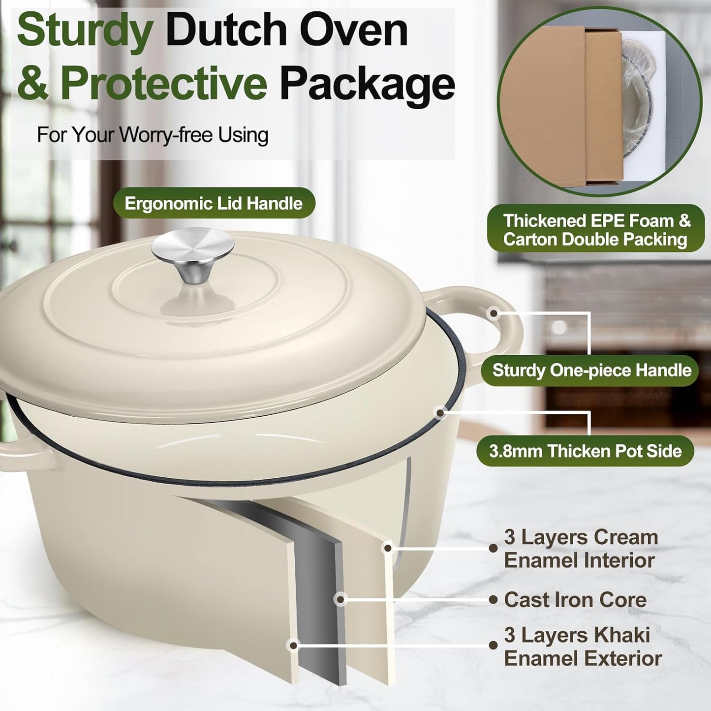 P&P CHEF 7QT Enameled Dutch Oven, Cast Iron Dutch Oven Pot with Lid for Bread Baking, Enameled Casserole Pot for Roasting Braising Stewing Frying Simmering, Various Stoves & Easy Clean, Khaki