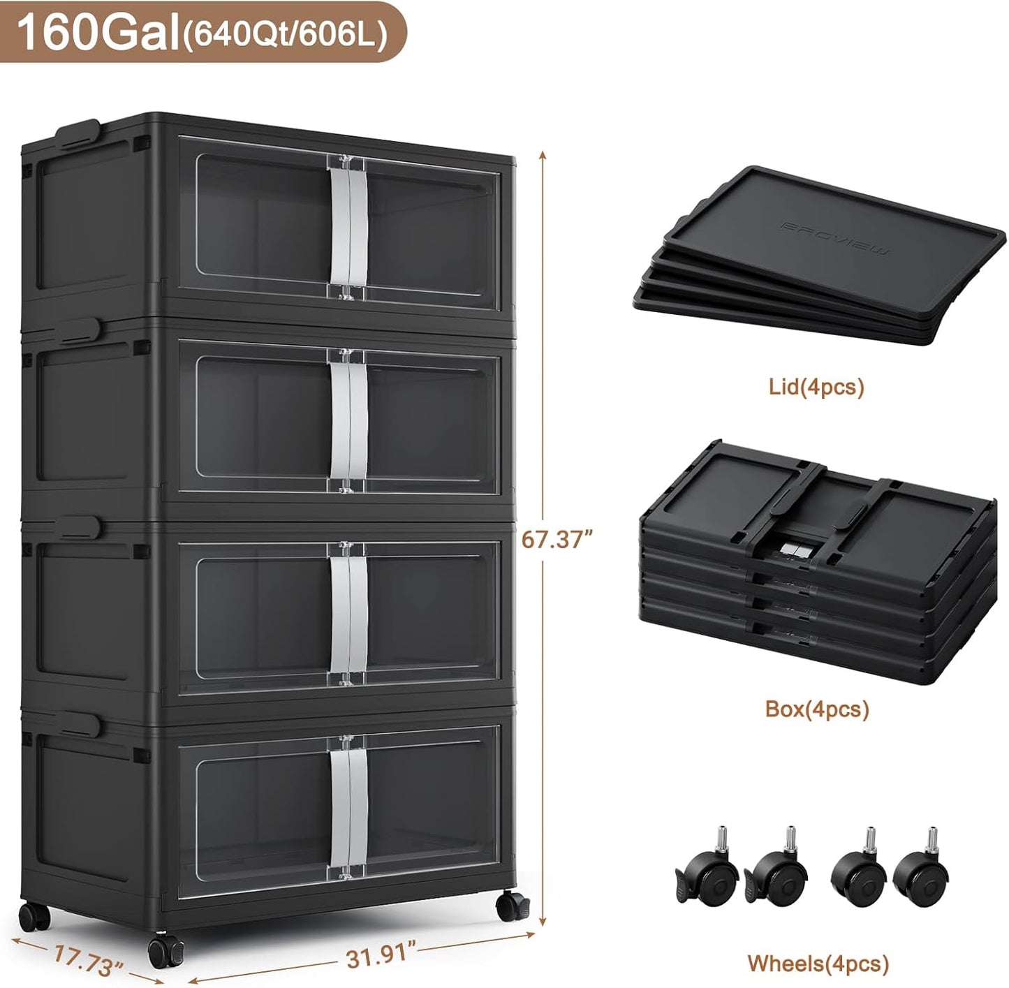 640QT Stackable Storage Bins with Lids, 160Gal Extra Large Collapsible Storage Box with Wheel, Plastic Storages with Clear Door Open Front for Home Bedroom Garage, Black-4pack