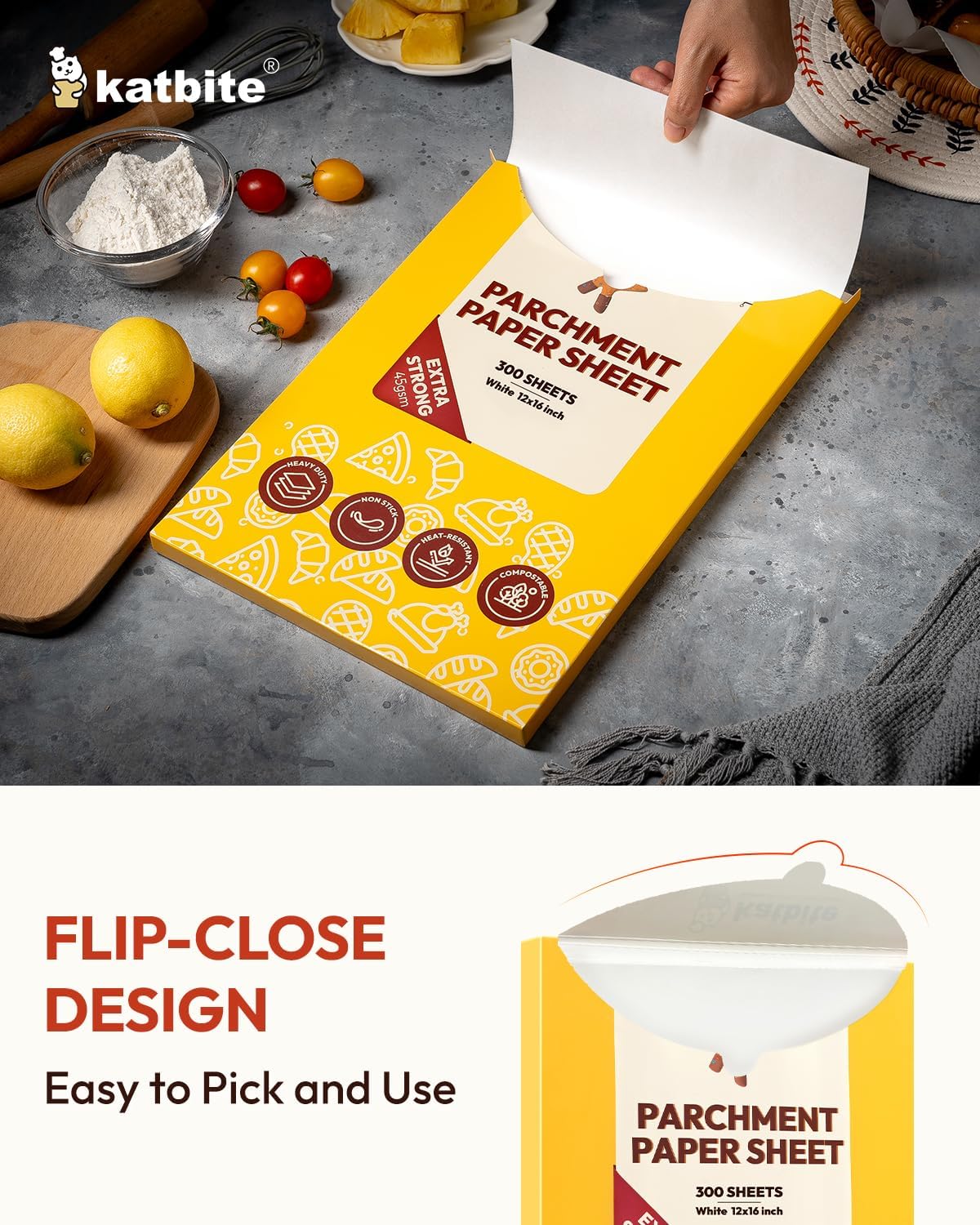 Katbite Parchment Paper, Heavy Duty 12x16 inches Baking Paper, 300 Sheets Oil-proof and Non-stick Parchment Paper Sheets Perfect for Air Fryer, Grilling,Cooking and Wrapping [Advanced Series]