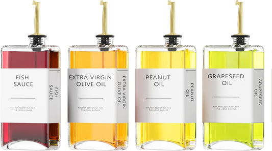 Kitchen Cooking Oil Dispenser Set, Olive Oil & Vinegar Bottles, Soy Sauce Dispenser - 4 Pieces, Gold, Elegant Book Design, Durable, Leak-Proof, Easy-Pour Spouts, Perfect for Kitchen, Dining Table