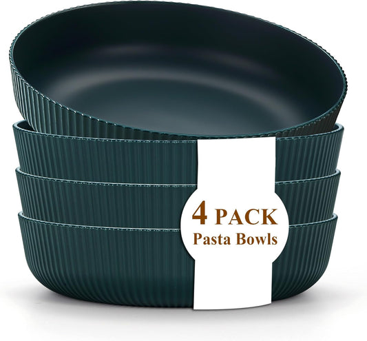 Kyraton Pasta Bowls Set of 4, 37oz Salad Bowls Soup Bowls Large Pasta Serving Bowl Plastic Unbreakable Serving Dishes Dinner Bowls (Dark Green)