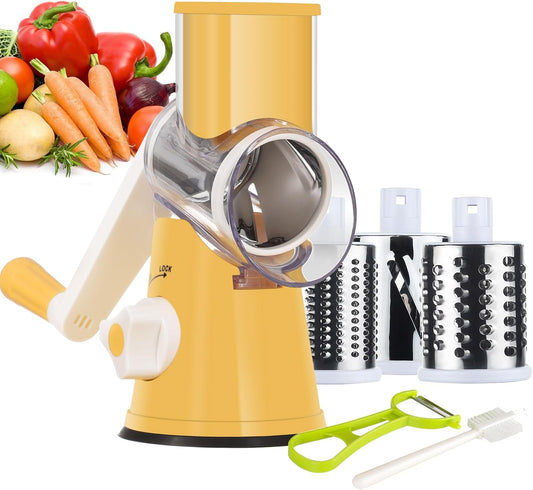 Ourokhome Rotary Cheese Grater Hand Crank, Kitchen Shredder Speed Mandolin Slicer Nut Grinder with Handle and Drum Blades for Cheese, Vegetable, Walnut, Chocolate, Potato, Carrot, 3 Blades, Yellow