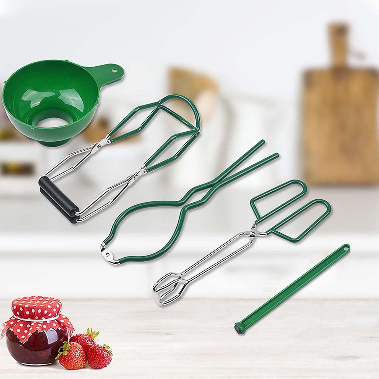 5PCS Canning Supplies Canning Kit, Canning Essentials Set Include Tongs, Wide Mouth Funnel, Jar Lifter, Jar Wrench, Magnetic Lid Lifter, Stainless Steel Anti-Scald Clip Suit (Green)