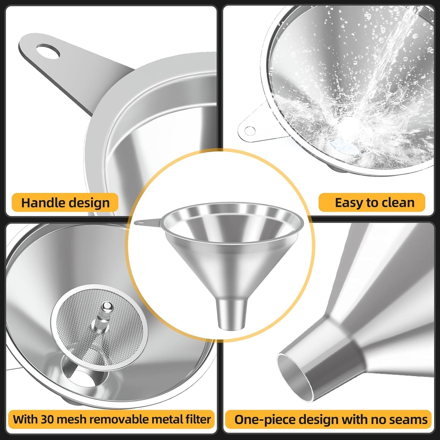 3-Piece Stainless Steel Kitchen Funnel Set for Kitchen Bottle Filling, 2 Funnel Sizes and 1 Strainer for Oils, Liquids, Fluids, Dry Ingredients and Powders, Durable, Washable