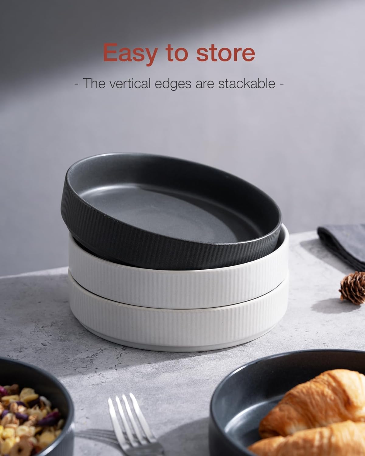 famiware Star 8.25" Pasta Bowls, Large Dinner Bowls Set of 4, Salad Bowl Plates, Shallow Bowls for Eating, Dark Charcoal & White Full Glaze Matte