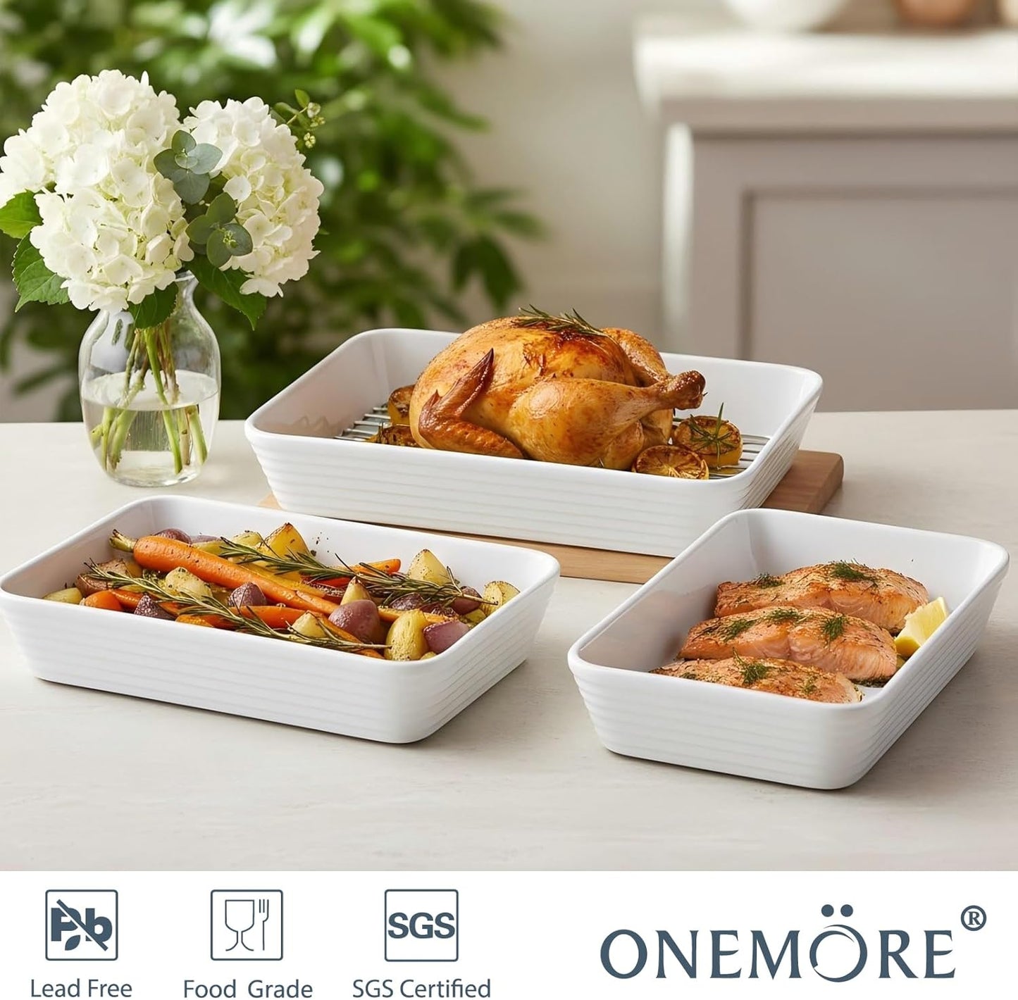 ONEMORE Casserole Dishes for Oven, Ceramic Baking Dish Set of 3 with Roasting Racks Rectangular Large Deep Lasagna Pan without Handles Porcelain Baking Pan with Rack for Oven Cooking (3QT/2.1QT/1.3QT)