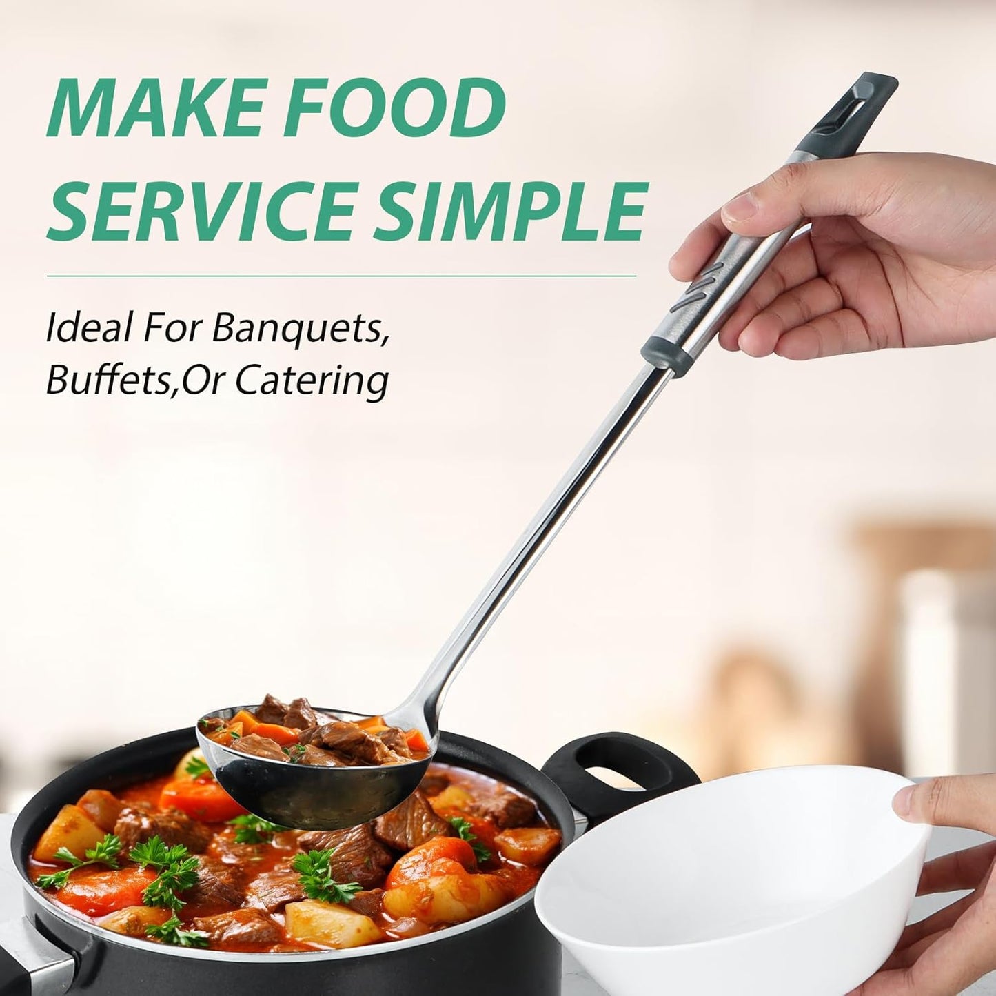 Soup Ladle, 13.9 inch Large Ladle Serving Spoons, 4 oz Stainless Steel Ladle with Heat-proof Handle, Comfortable Grip Design, Durable Construction, Silver, KLB-ASB-124