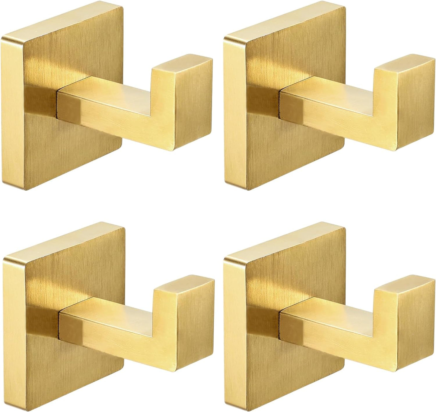 IBosins 4 Pack Towel Hooks Hand Towel Holder for Bathroom Wall Livingroom Bedroom Kitchen Closet Heavy Duty Stainless Steel Hook Hanger for Robe, Bath Towel, Coat (Square Brushed Gold)