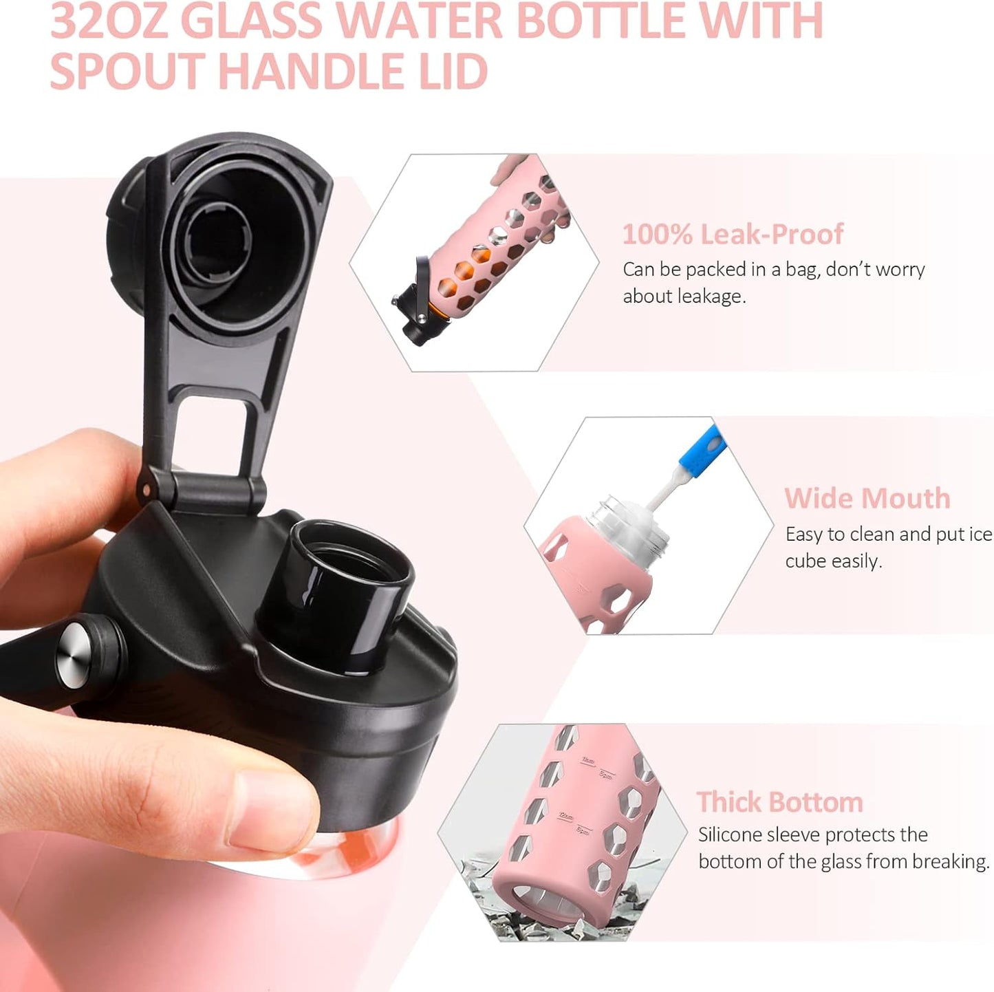 MUKOKO 32oz Glass Water Bottles with 2 Lids-Handle Spout Lid&Bamboo Straw Lid, Motivational Water Tumbler with Time Marker Reminder and Silicone Sleeve, Leakproof-Pink-1 Pack