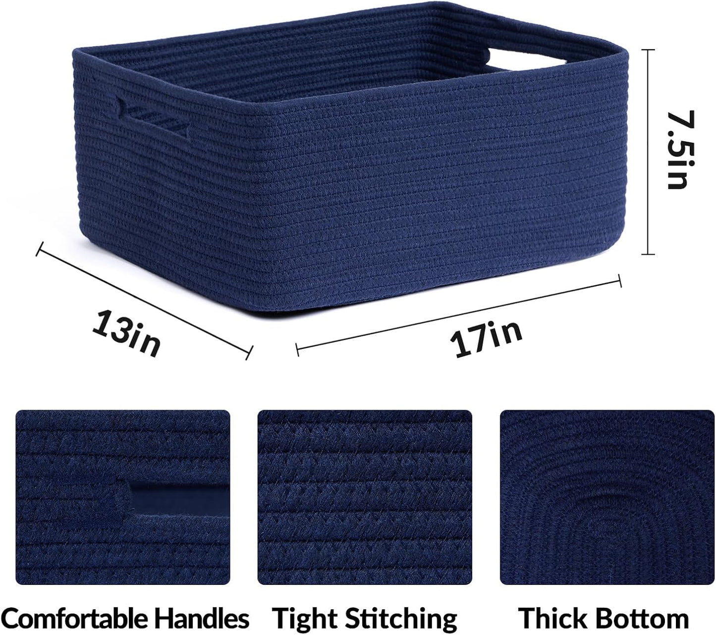 Large Storage Baskets for Shelves, Closet Organizers Bins for Clothes Blanket Towels, Baby Nursery, Toy Baskets Box, Woven Rope Baskets, 17 x 13 x 7.5”, 3 Packs Navy Blue