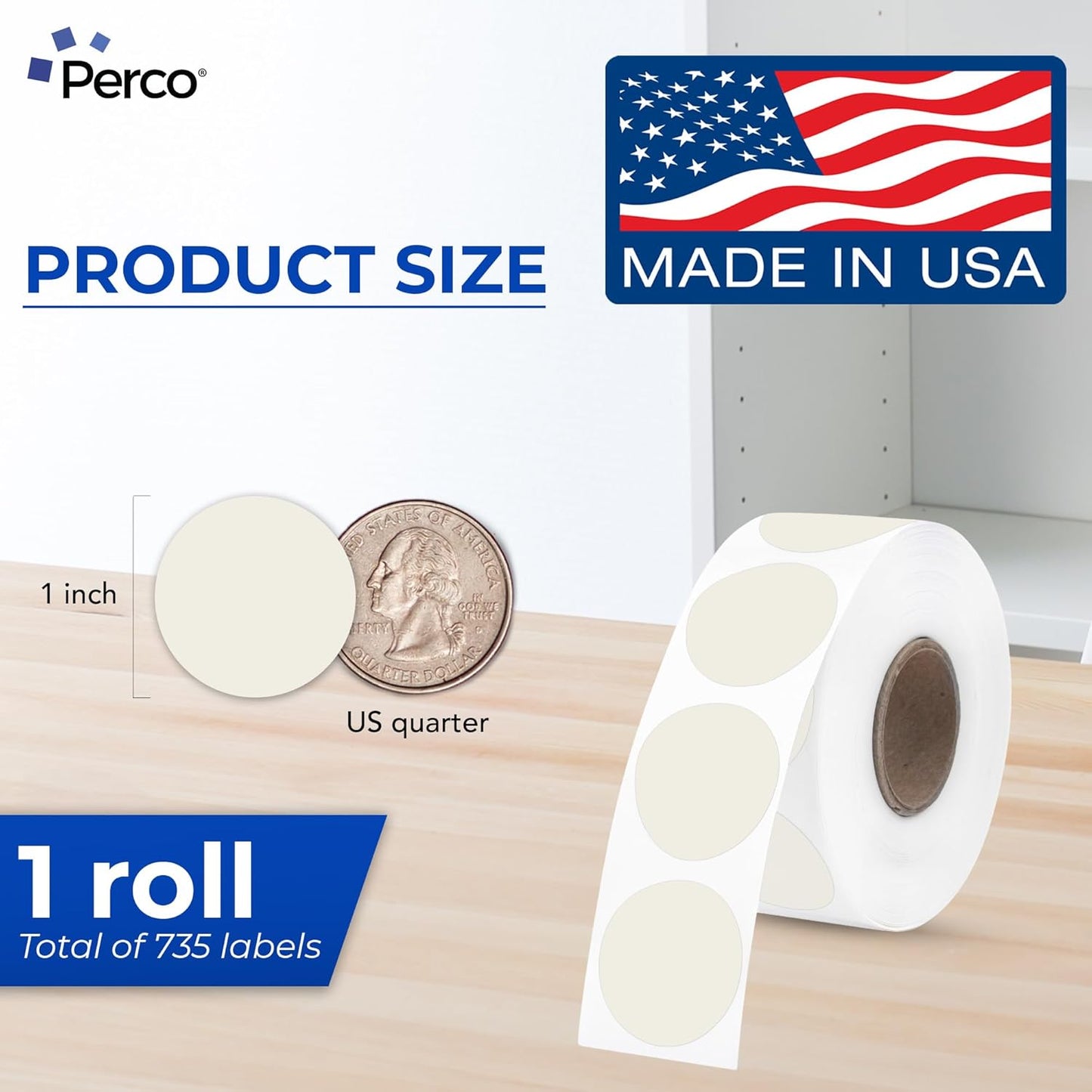 Perco Ivory 1-Inch Perforated Circle Dot Thermal Sticker Labels — 735 Stickers/Roll, Direct Thermal Printer Compatible—with Permanent Adhesive for Color Coding, Garage Sales, Crafts—Made in USA
