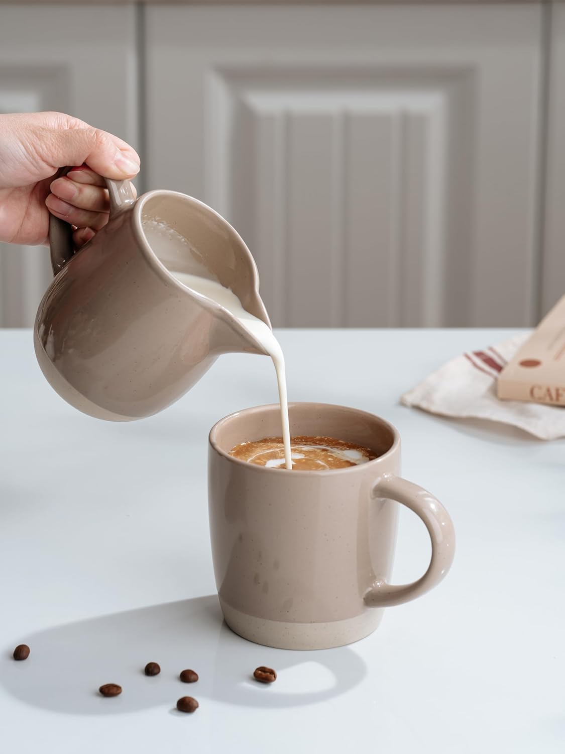 famiware Milkyway 13oz Creamer with Handle, Ceramic Coffee/Milk/Sauce/Serving/Salad Pitcher Jug, Stoneware Maple/Syrup Dispenser, Milk Frother Cup, Microwave and Dishwasher Safe, Cinnamon Brown