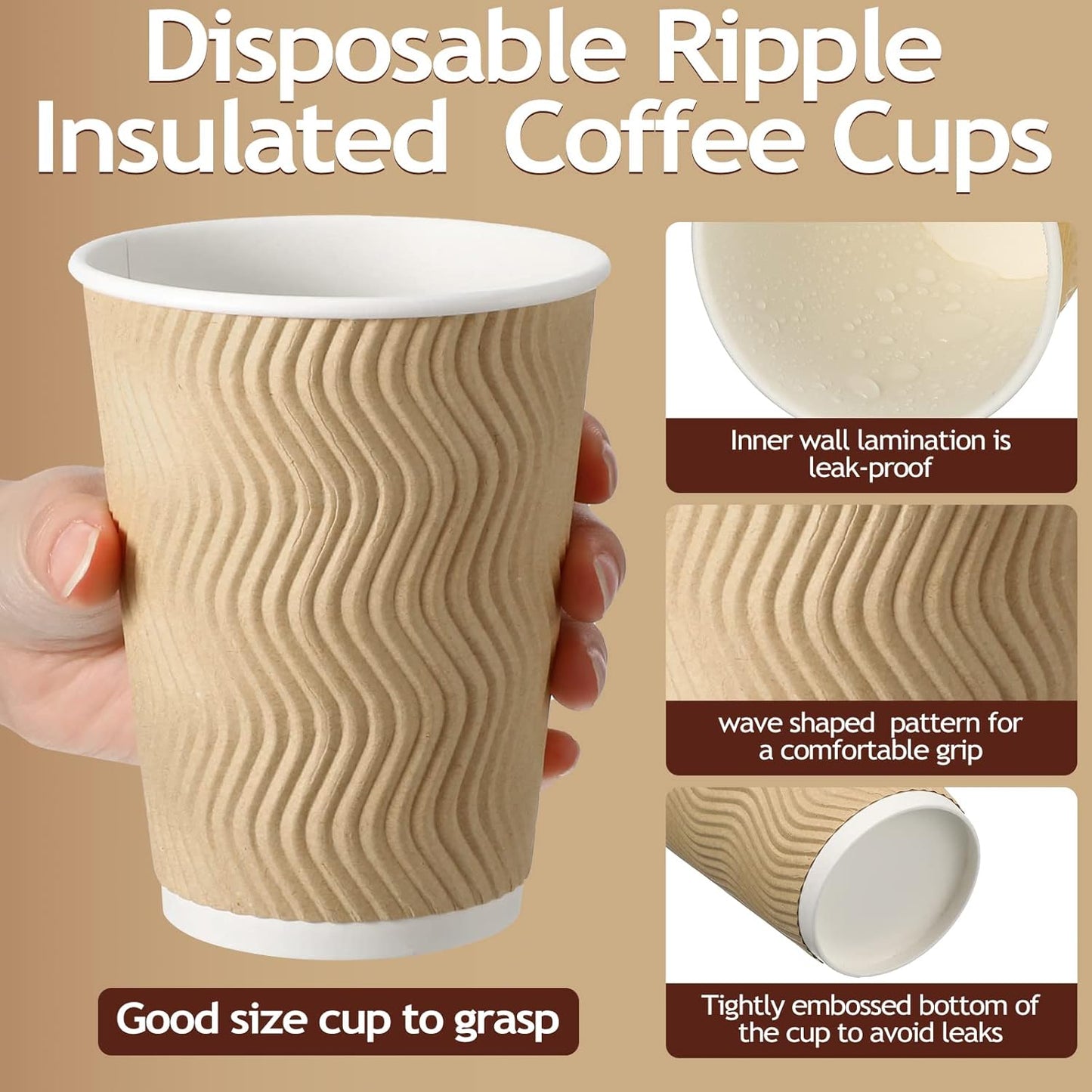 Foaincore 200 Pack 12 oz Brown Paper Cups, Disposable Ripple Insulated Hot Beverage Cups for Coffee, Tea, Hot Chocolate, Cold Drinks, Party & Events