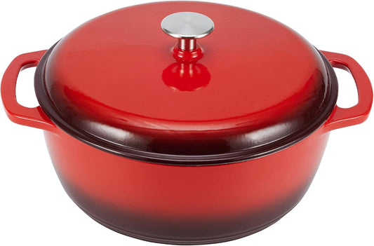 Amazon Basics Cast Iron Dutch Oven Pot with Lid, Enameled, Round, Dual Handles, Heavy-Duty, Small, 4.3-Quart, Red
