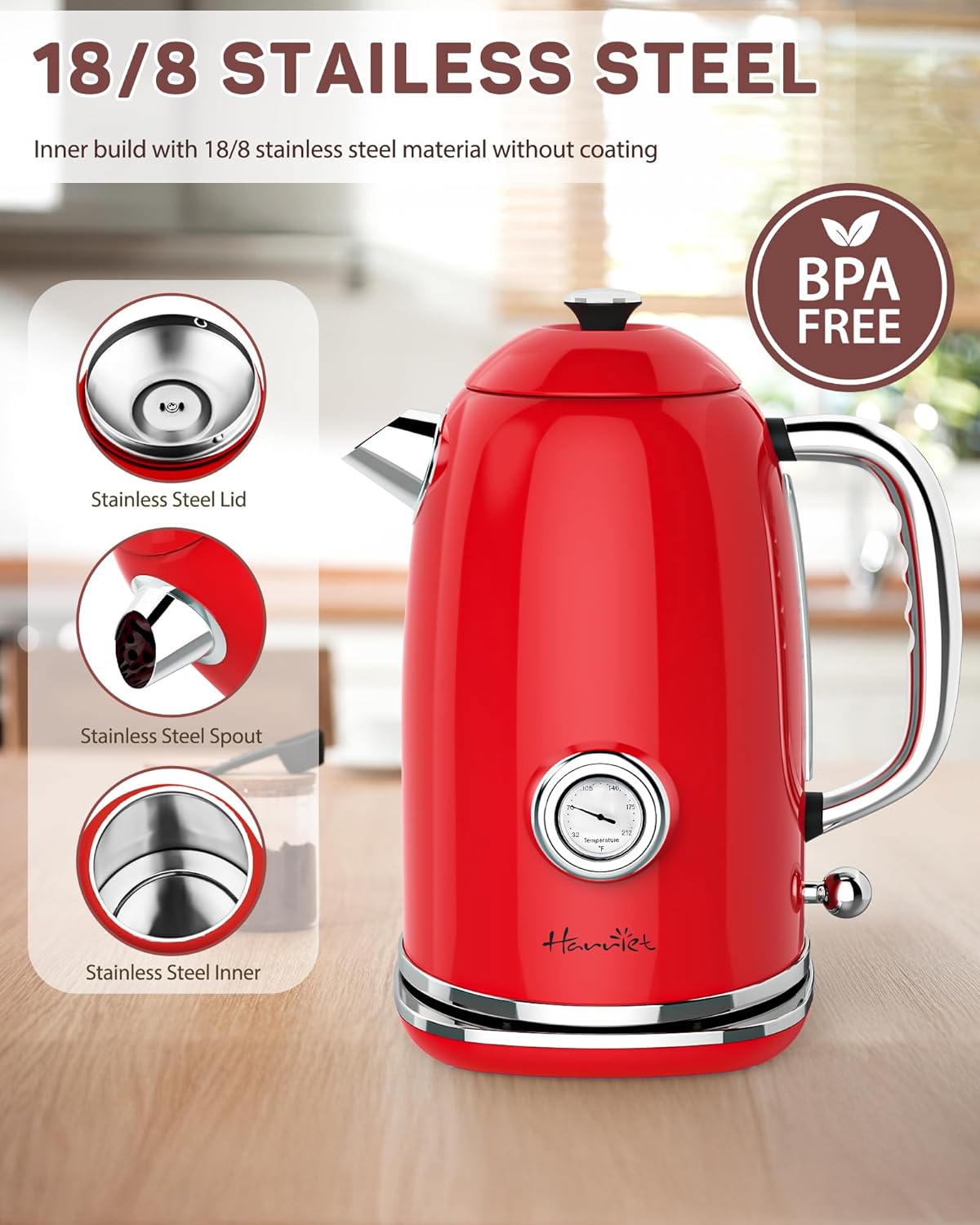 Harriet Electric Kettle, 1.8L Retro Electric Tea Kettle with Thermometer, 1500W Stainless Steel Hot Water Kettle Electric with LED Indicator, Fast Boiling, Cordless, Auto Shut-Off, Red