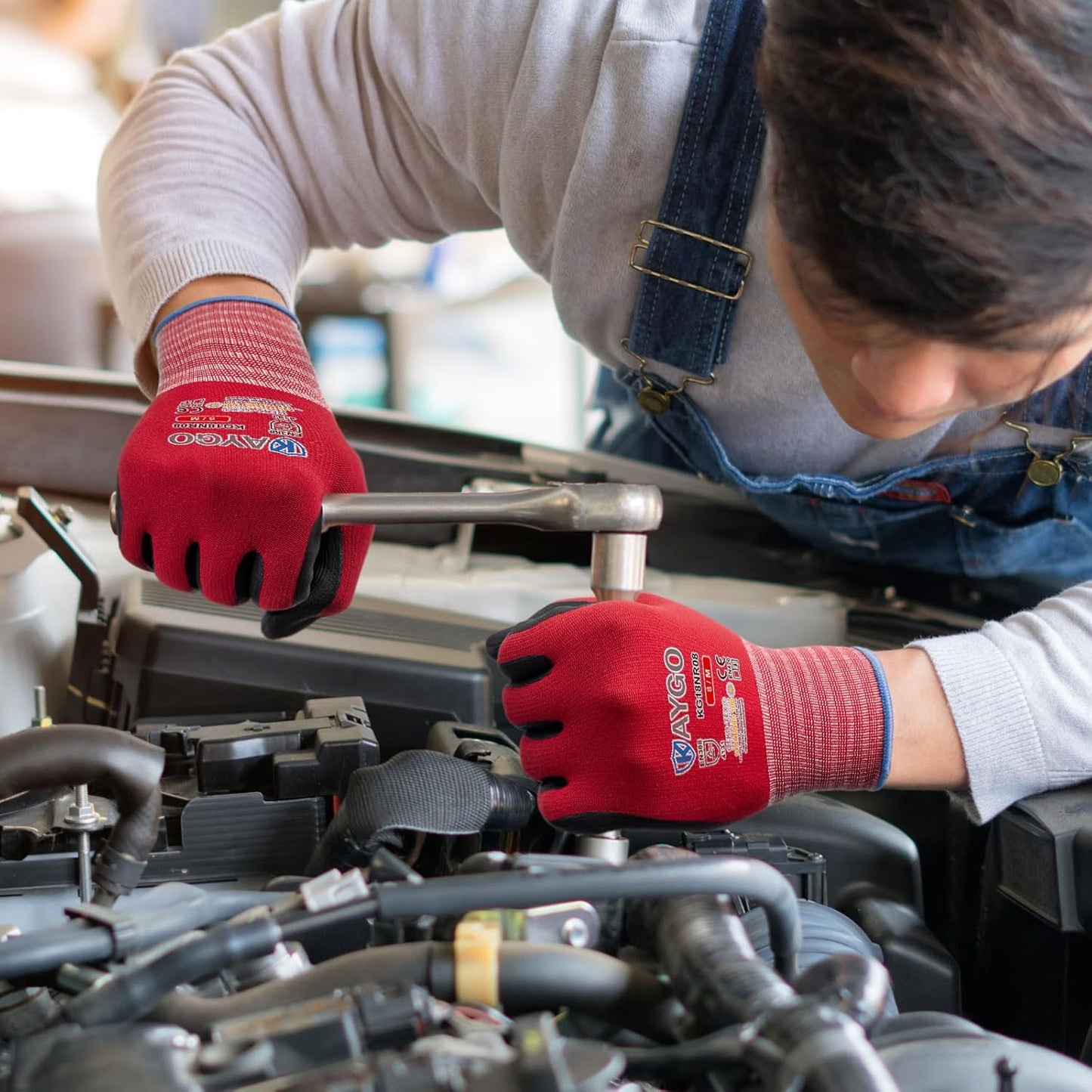 KAYGO Safety Work Gloves MicroFoam Nitrile Coated-3 Pairs, KG18NB,Seamless Knit Nylon Glove with Black Micro-Foam Nitrile Grip,Ideal for General Purpose,Automotive,Home Improvement,Red large