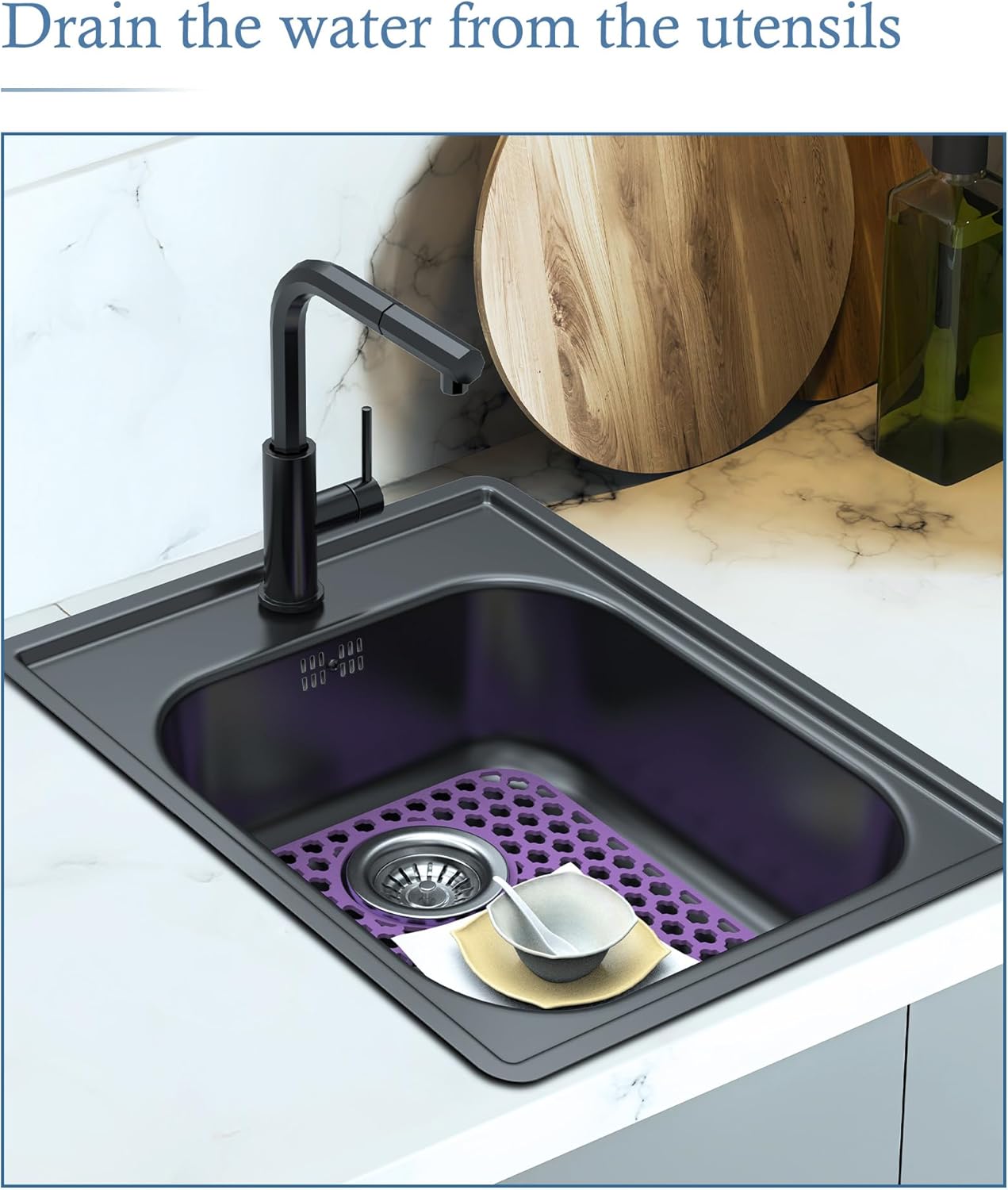 2 Pack Silicone Sink Protector for Kitchen Sink Bathroom, 13.58" x 11.6" Heat-resistant Sink Mat Non-Slip and Durable Silicone Protectors, Rear Drain (Purple)