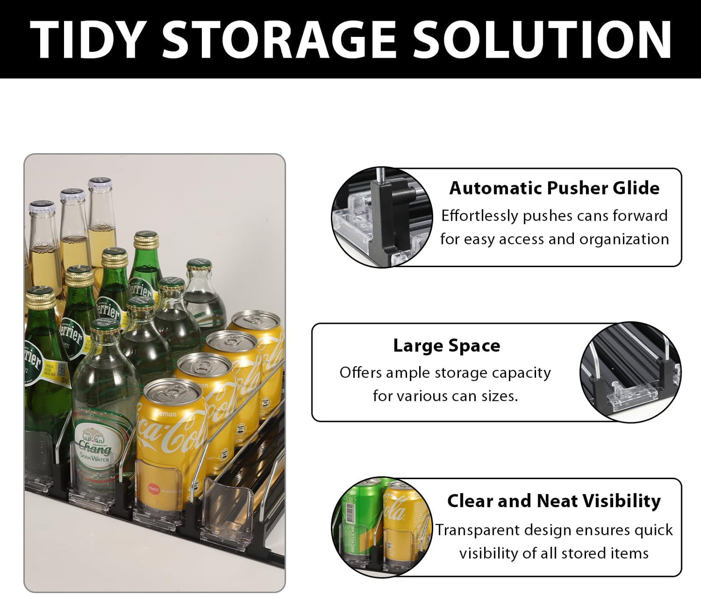 Upgraded Drink Organizer for Fridge – Adjustable Width Soda Can Organizer with Automatic Glide, Space-Saving Refrigerator Can Dispenser Holds Up to 25 Cans – Drink Holder for Fridge (5 Rows, Black)