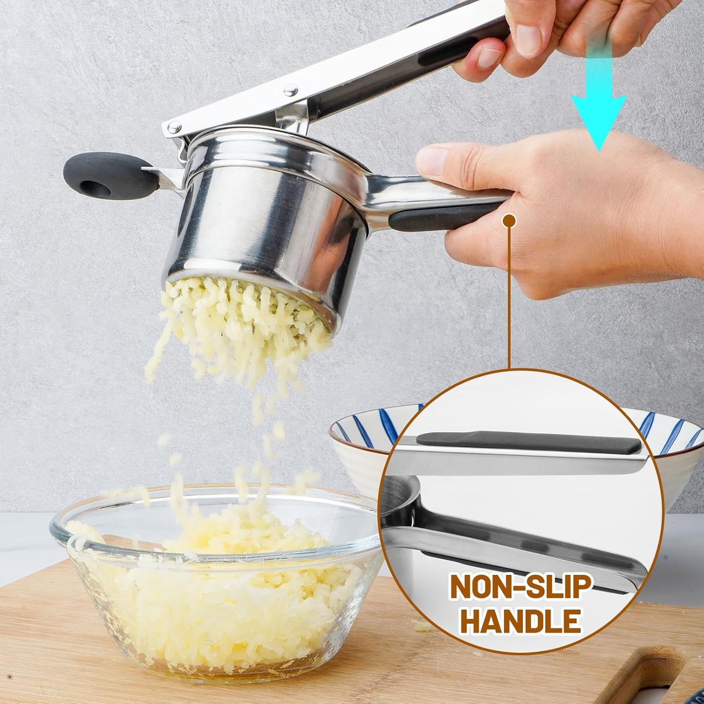 Potato Ricer 3 Interchangeable Discs Stainless Steel Potato Shredder for Smooth and Fluffy Mashed Potatoes, Puree, Fruit Juice, Baby Food (Silver)
