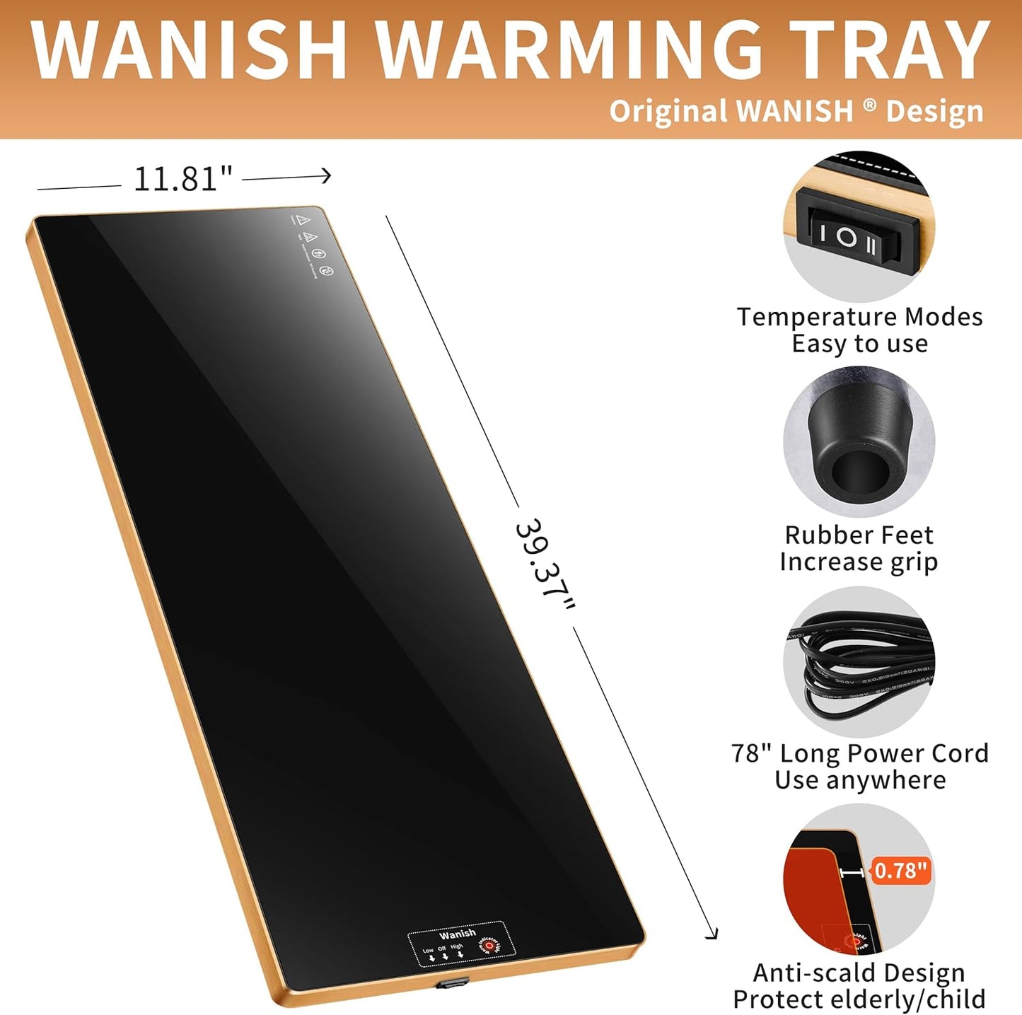 Electric Warming Tray（Extra Long 40”x12”），Food Warmer with Thermostat and Full Surface Heating，Food Warming Mat with 2 Temperature Modes for Parties Buffet，Gatherings，Gold Edge Warming Mat for Food