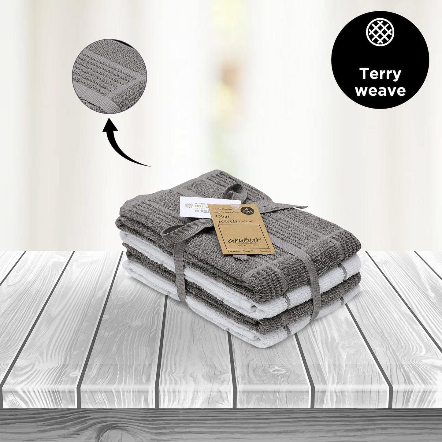 AMOUR INFINI Kitchen Towels Pack of 4 - Absorbent, Quick Drying Premium Cotton Tea Towel - Kitchen Linens 16x28 Inch Dish Towels with Hanging Loop (L.Grey)