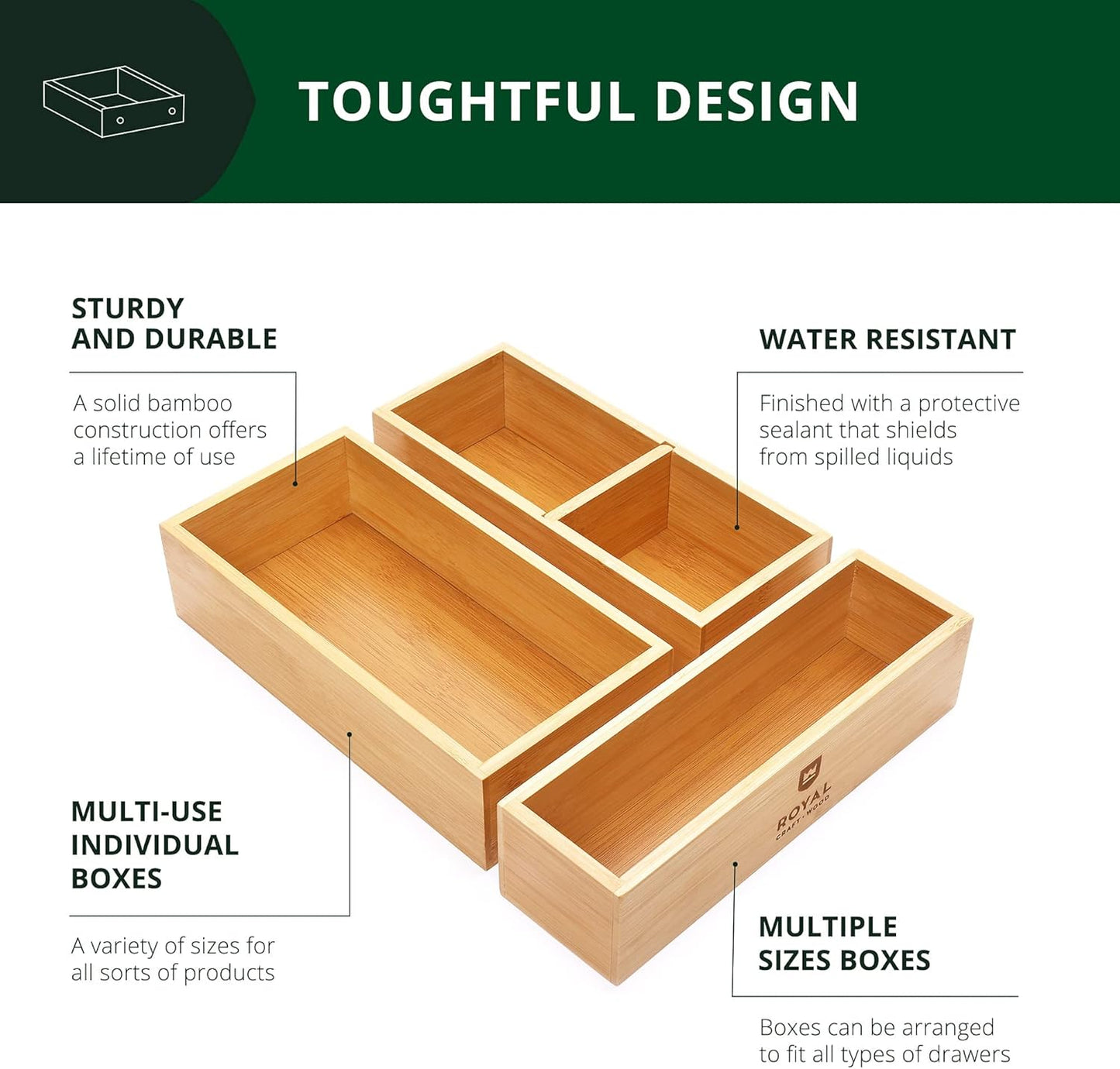 ROYAL CRAFT WOOD Luxury Bamboo Drawer Organizer Storage Box, Bin Set - Multi-Use Drawer Organizer for Kitchen, Bathroom, Office Desk, Makeup, Jewelry (3 Boxes)