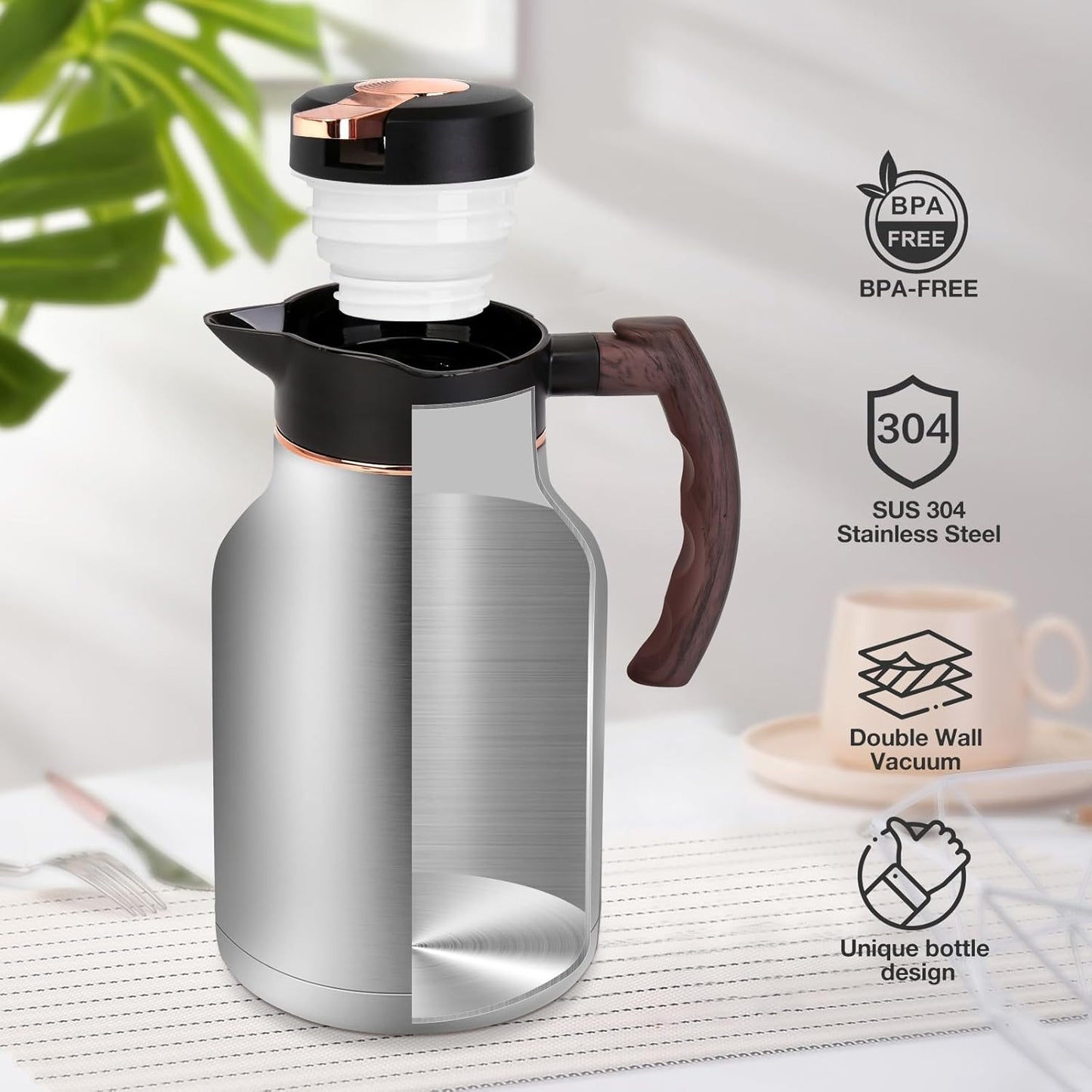 54oz Thermal Coffee Carafe, Stainless Steel Insulated Vacuum Carafe, Carafes for Keeping Hot, for Hot Water, Tea, Cold Drinks (Silver)