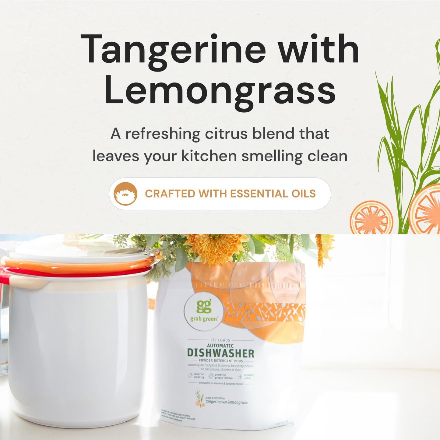 Grab Green Automatic Dishwashing Detergent Pods, 12 Count, Tangerine Lemongrass Scent, Plant and Mineral Based, Superior Cleaning, Powerful Grease Removal, Brilliant Shine